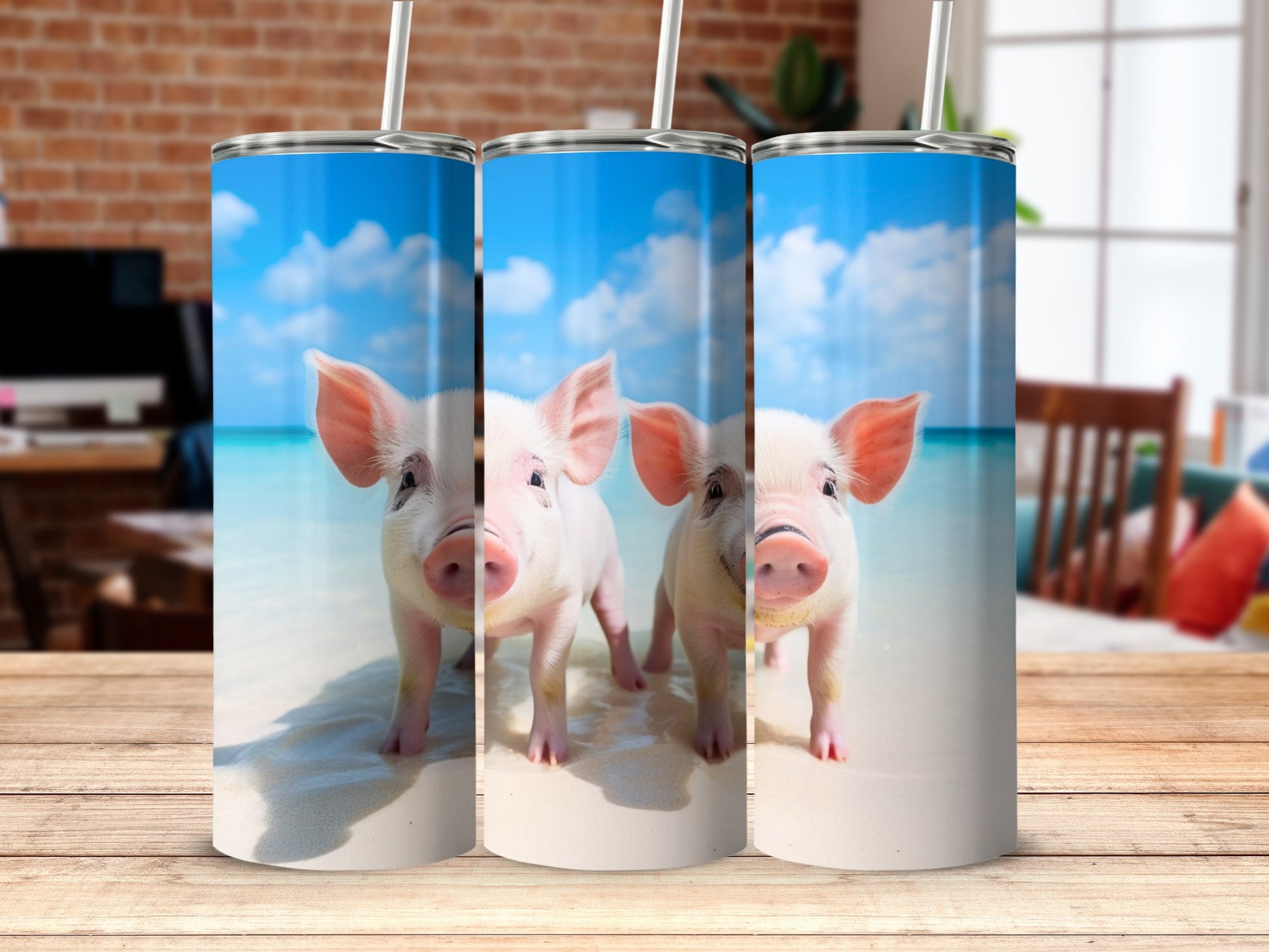 Little Pigs Sandy Beach Ocean Blue Sky Happy product type