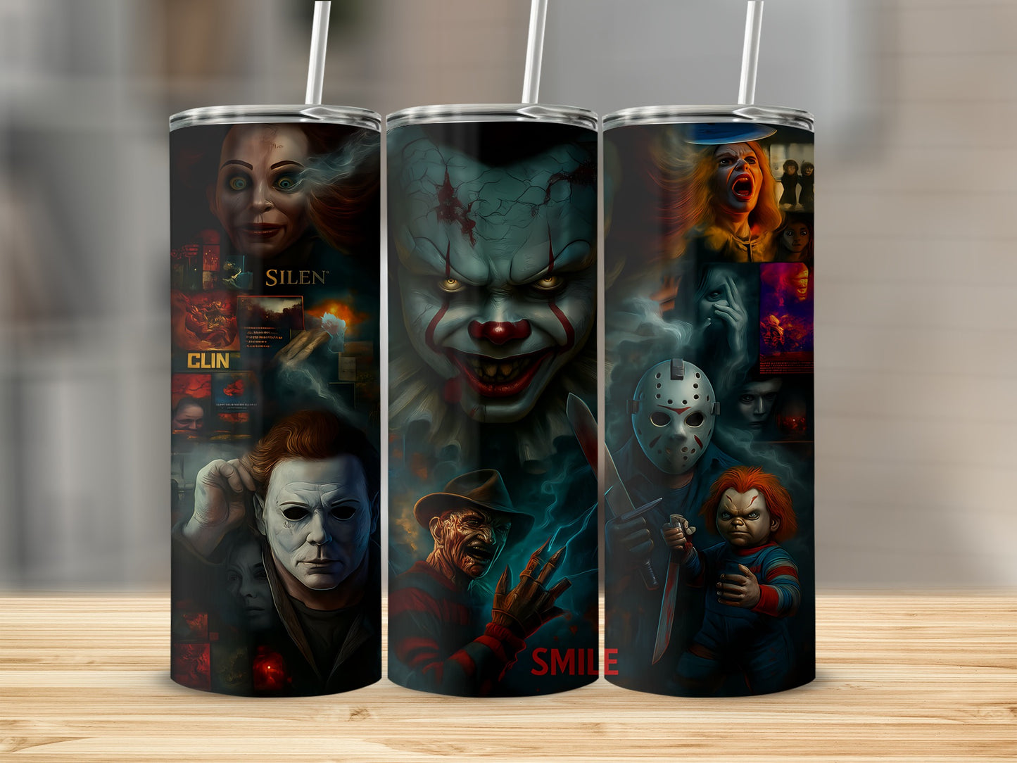 Horror movie villains montage including Pennywise, Michael Myers, Freddy Krueger, Jason Voorhees, and Chucky.