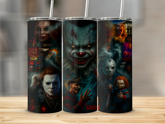Horror movie villains montage including Pennywise, Michael Myers, Freddy Krueger, Jason Voorhees, and Chucky.