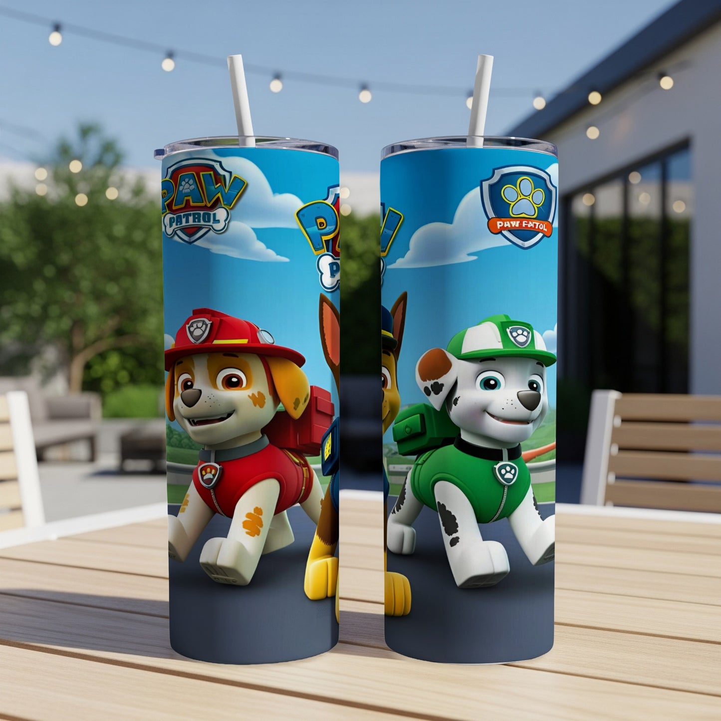 Paw Patrol characters Chase and Marshall on a tumbler.