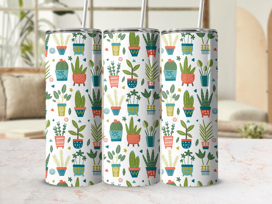 Three tumblers with a white background and a repeating pattern of potted plants and succulents.