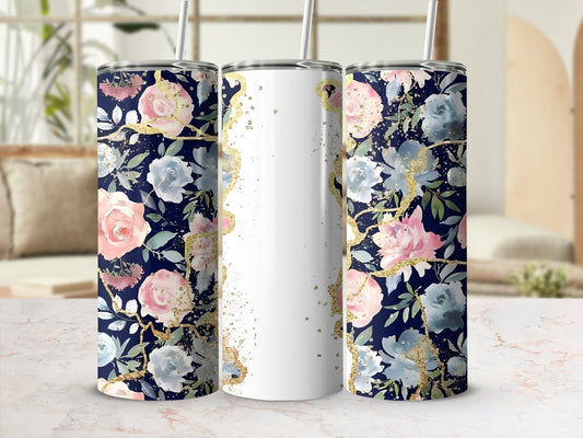 Three tumblers with floral and gold watercolor design on navy background.