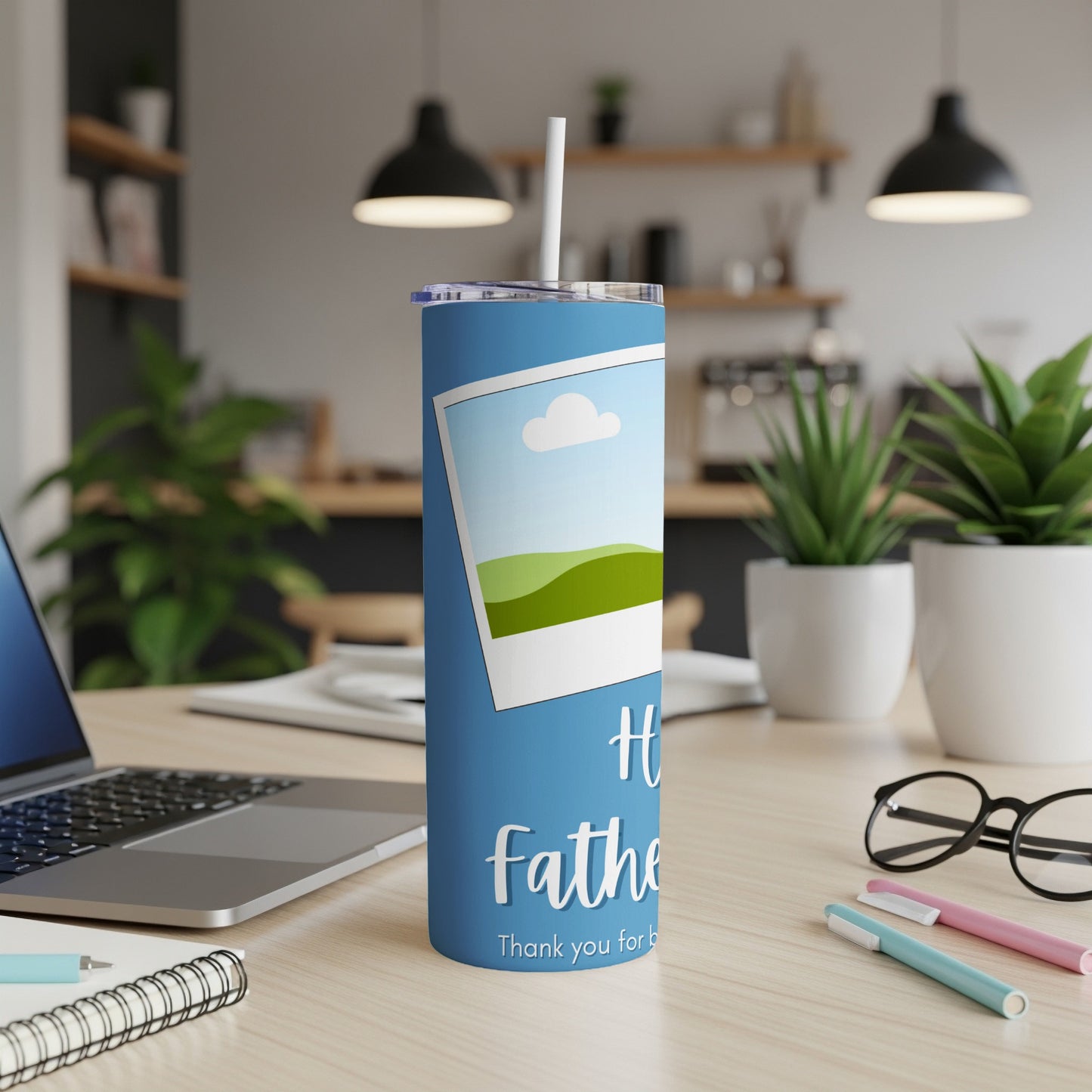 Blue tumbler with a photo frame, "Happy Father," and "Thank you for being you."
