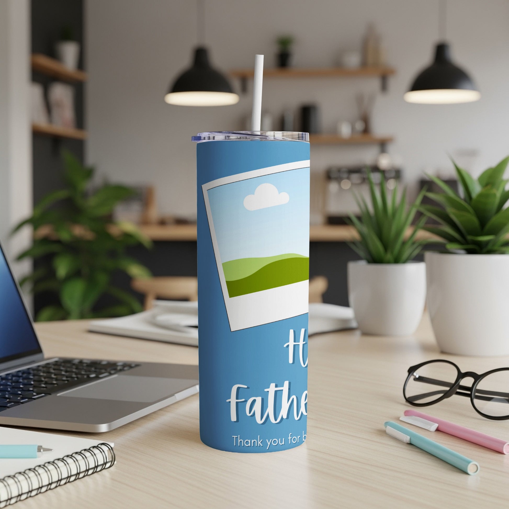Blue tumbler with a photo frame, "Happy Father," and "Thank you for being you."
