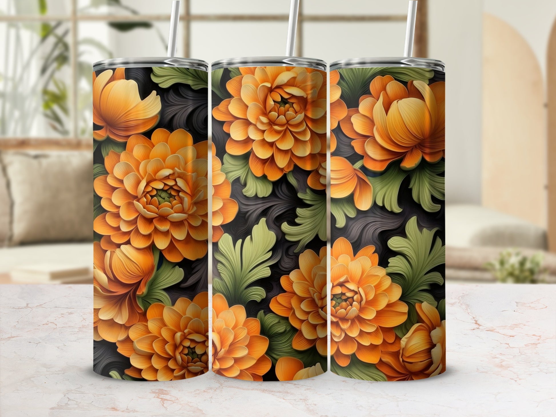 Orange Chrysanthemum Floral Pattern Dark Background product type