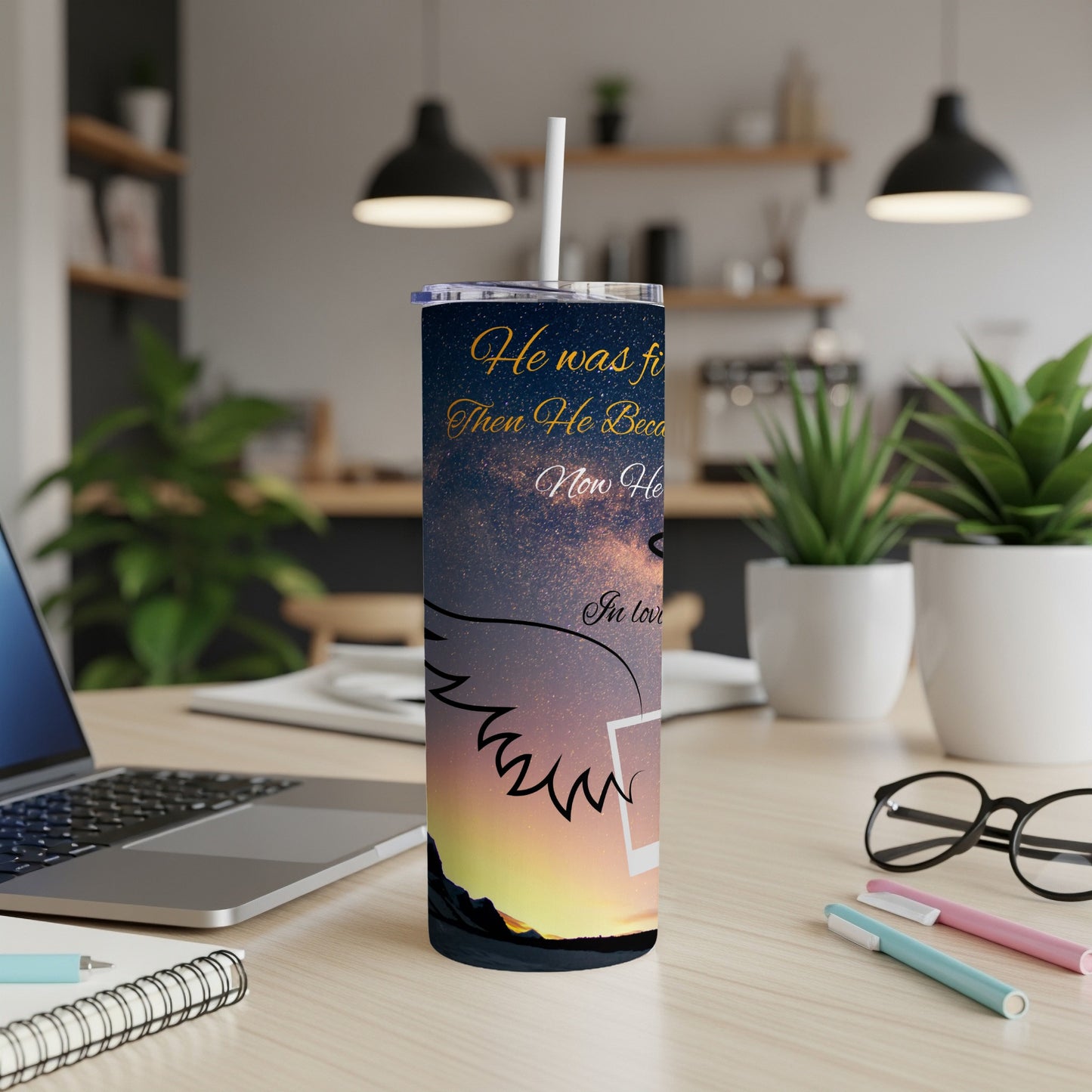 Tumbler with "He was first Then He became Now He is" text and starry sky.