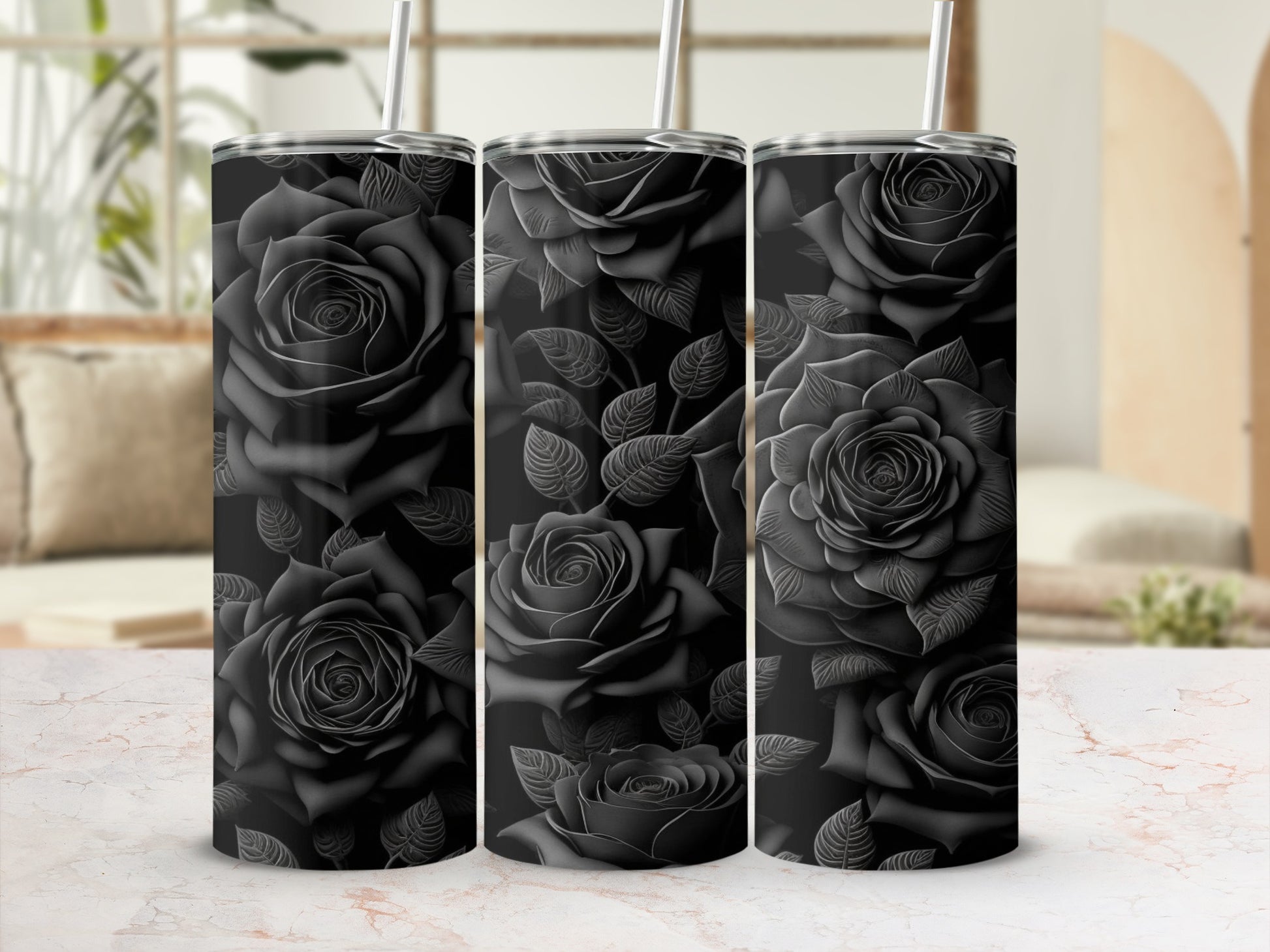 Elegant Black Rose Patterned Drink Tumbler Product