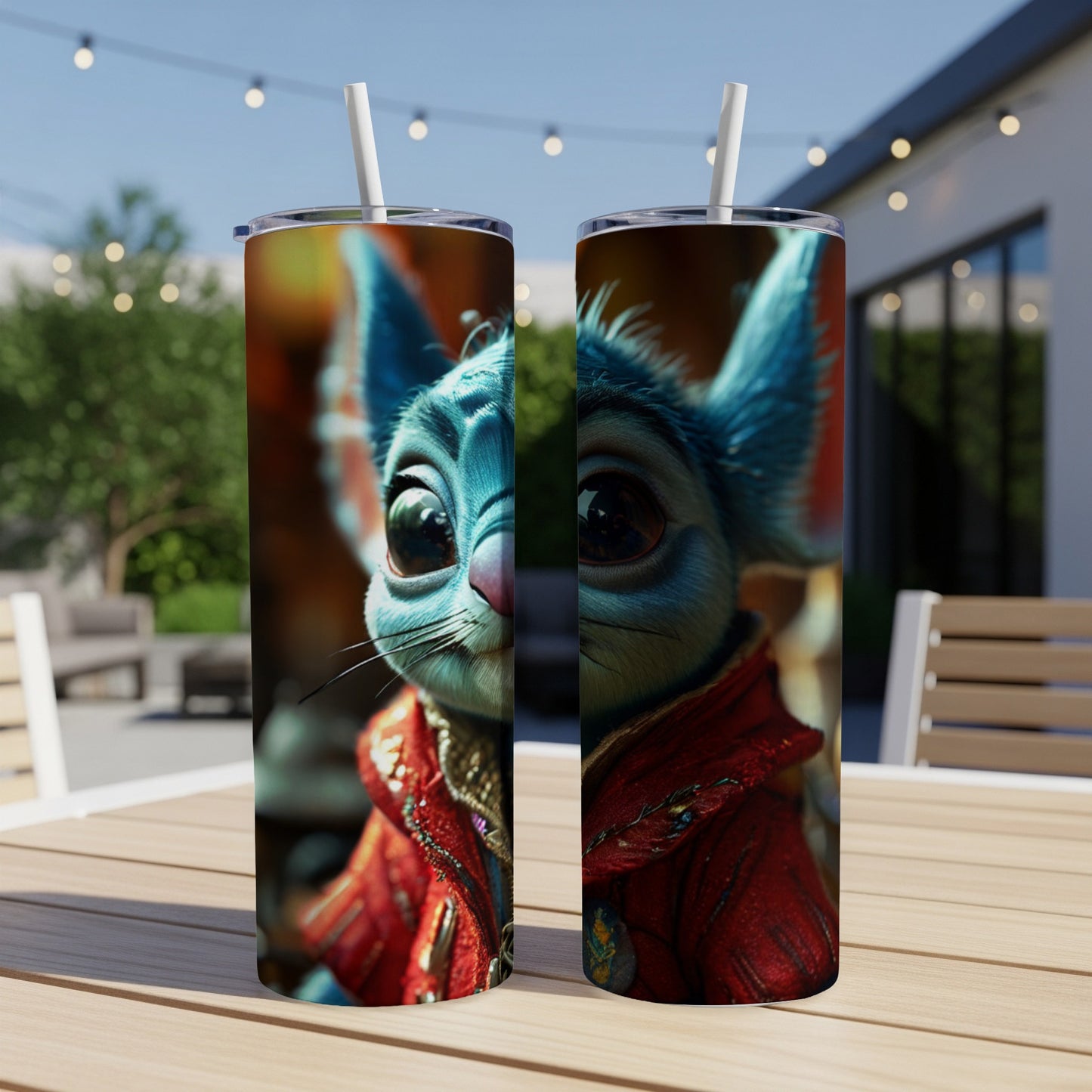Two skinny tumblers featuring a close-up of a blue cartoon creature in a red jacket.