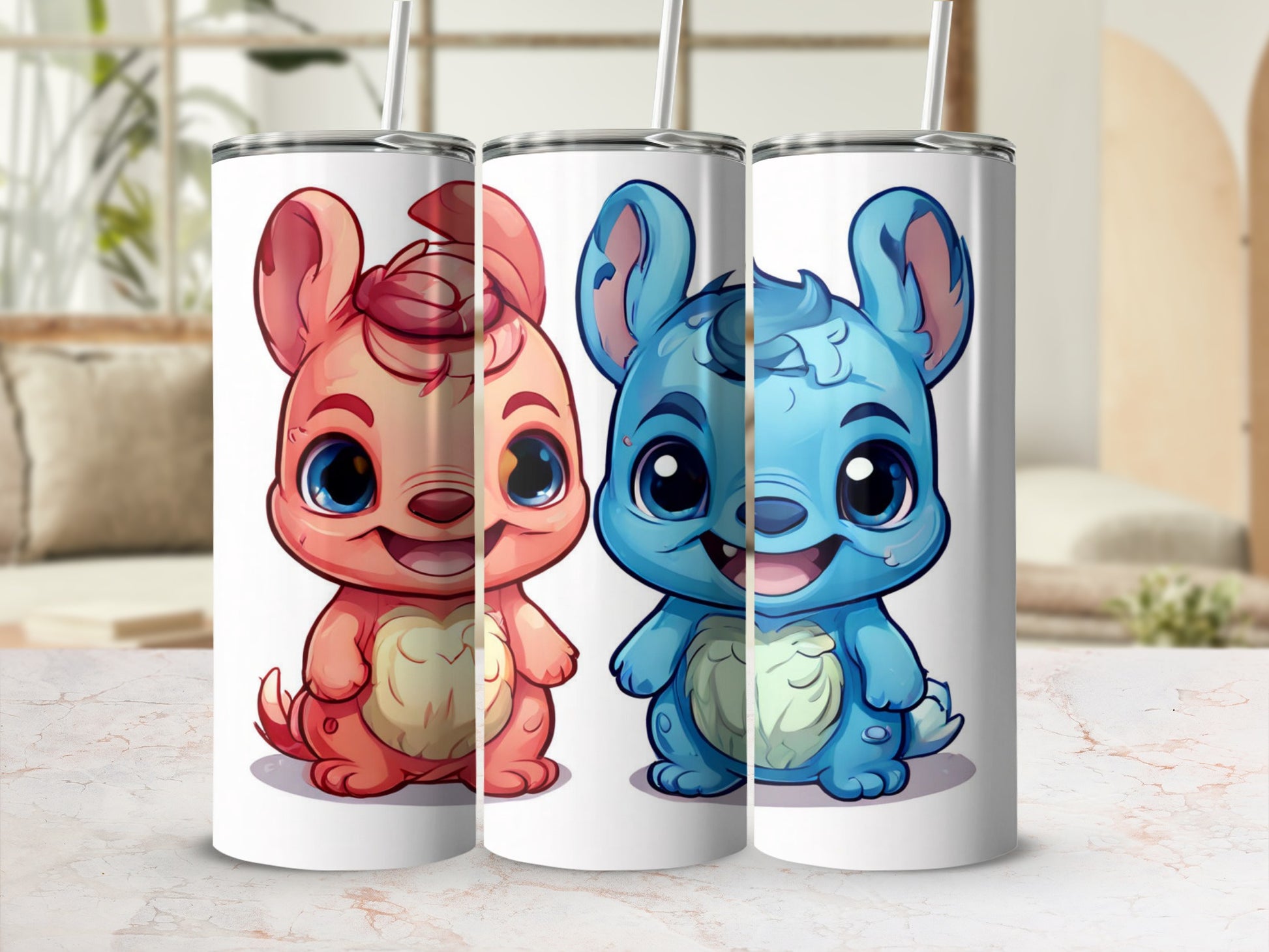 Two cartoon bunnies, one pink and one blue, sit on a surface.