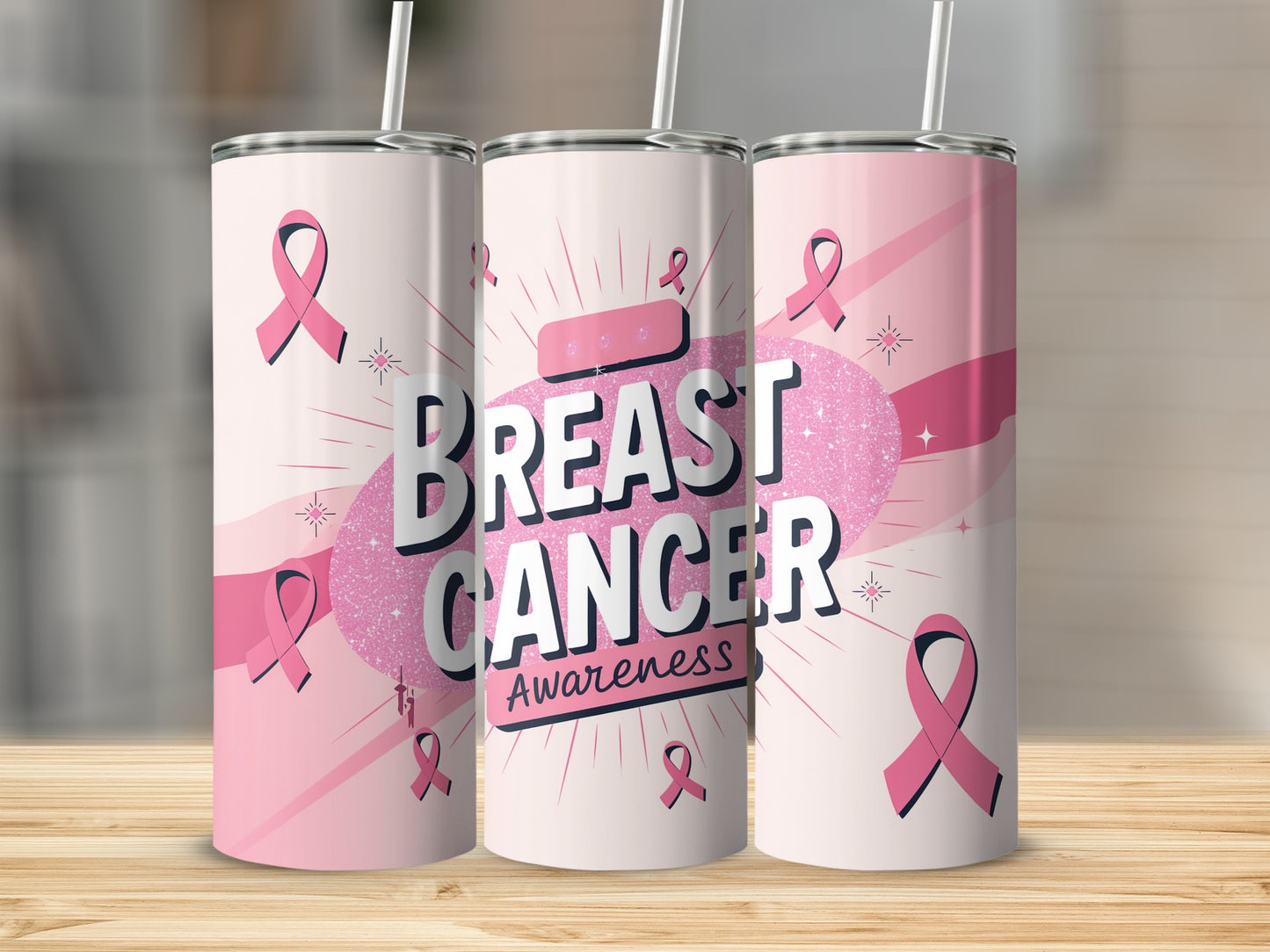 Pink tumbler with "Breast Cancer Awareness" text and ribbon graphics.