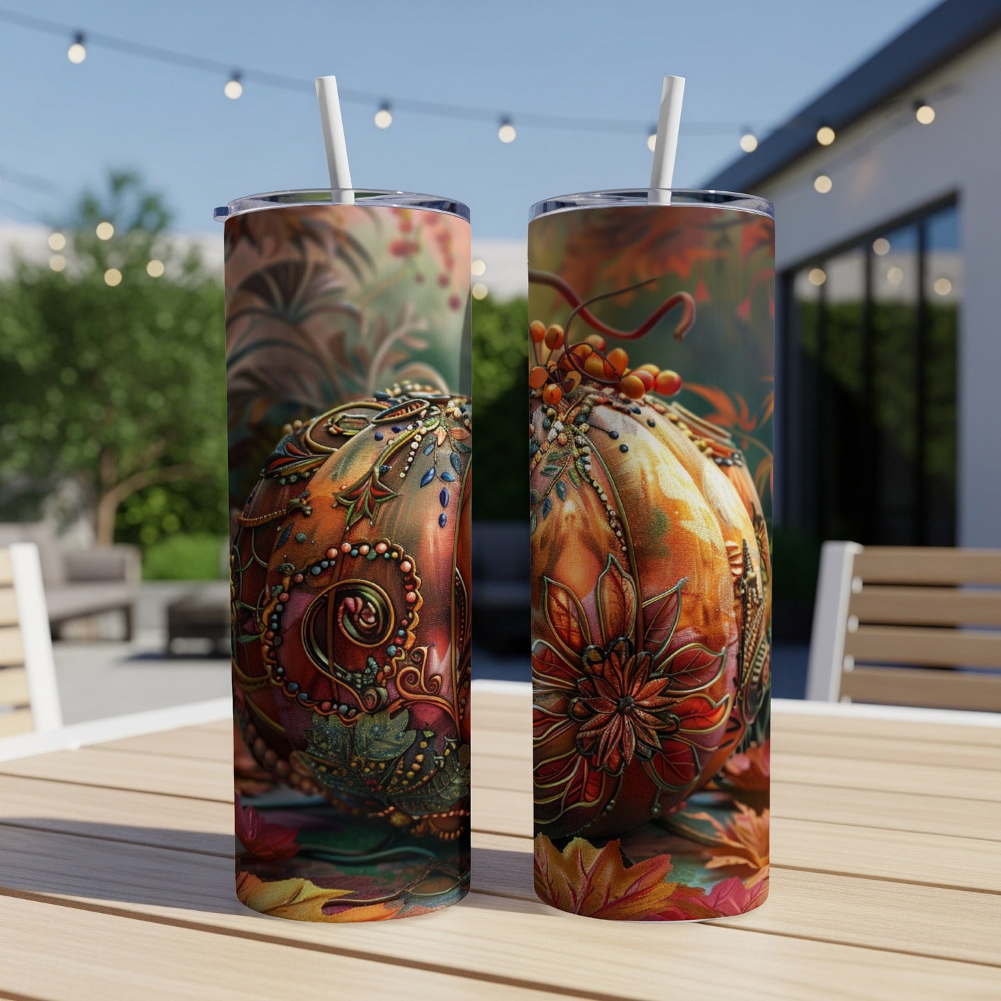 Two decorative tumblers with autumnal pumpkin and floral designs on a wooden table.