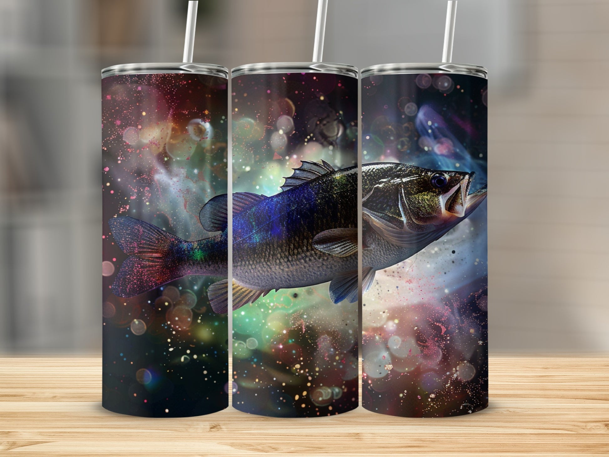 Three tumblers featuring a jumping bass fish with colorful, abstract background.