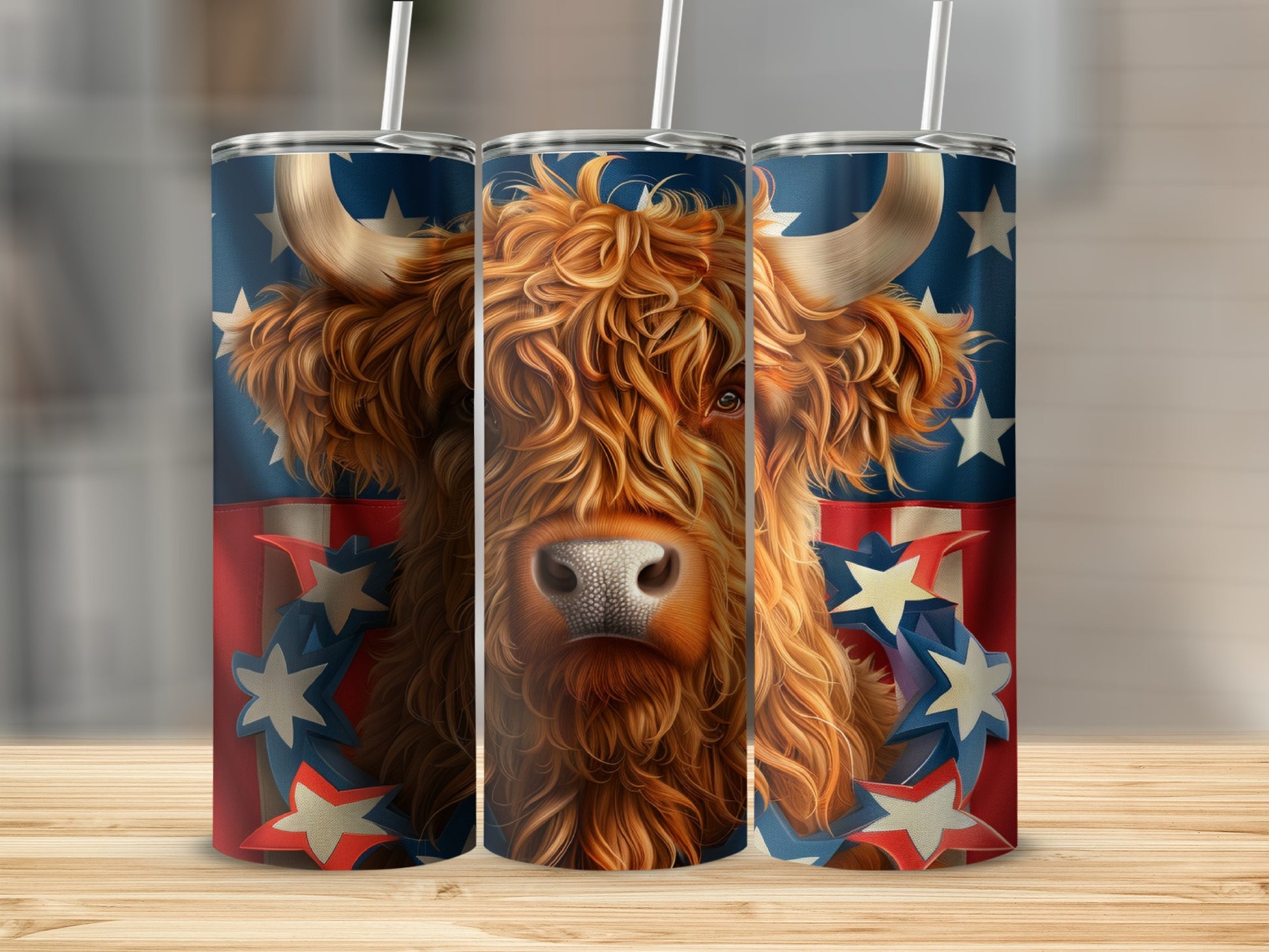 Highland cow with patriotic stars and stripes design on a tumbler.