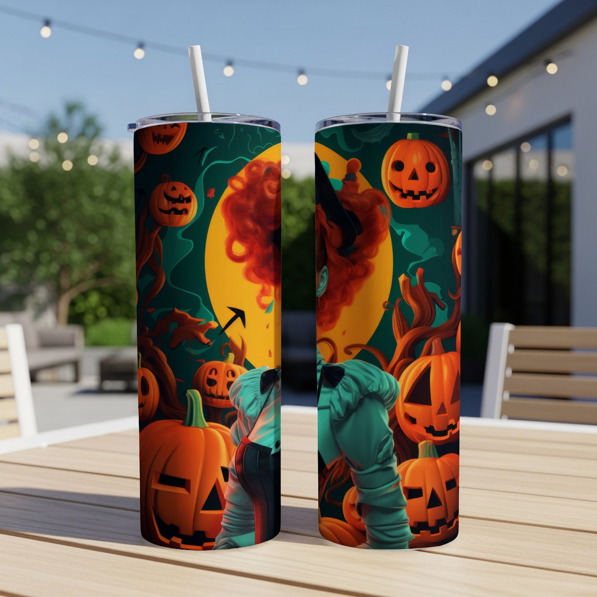 Two Halloween-themed tumblers with jack-o'-lanterns, a witch, and trees.