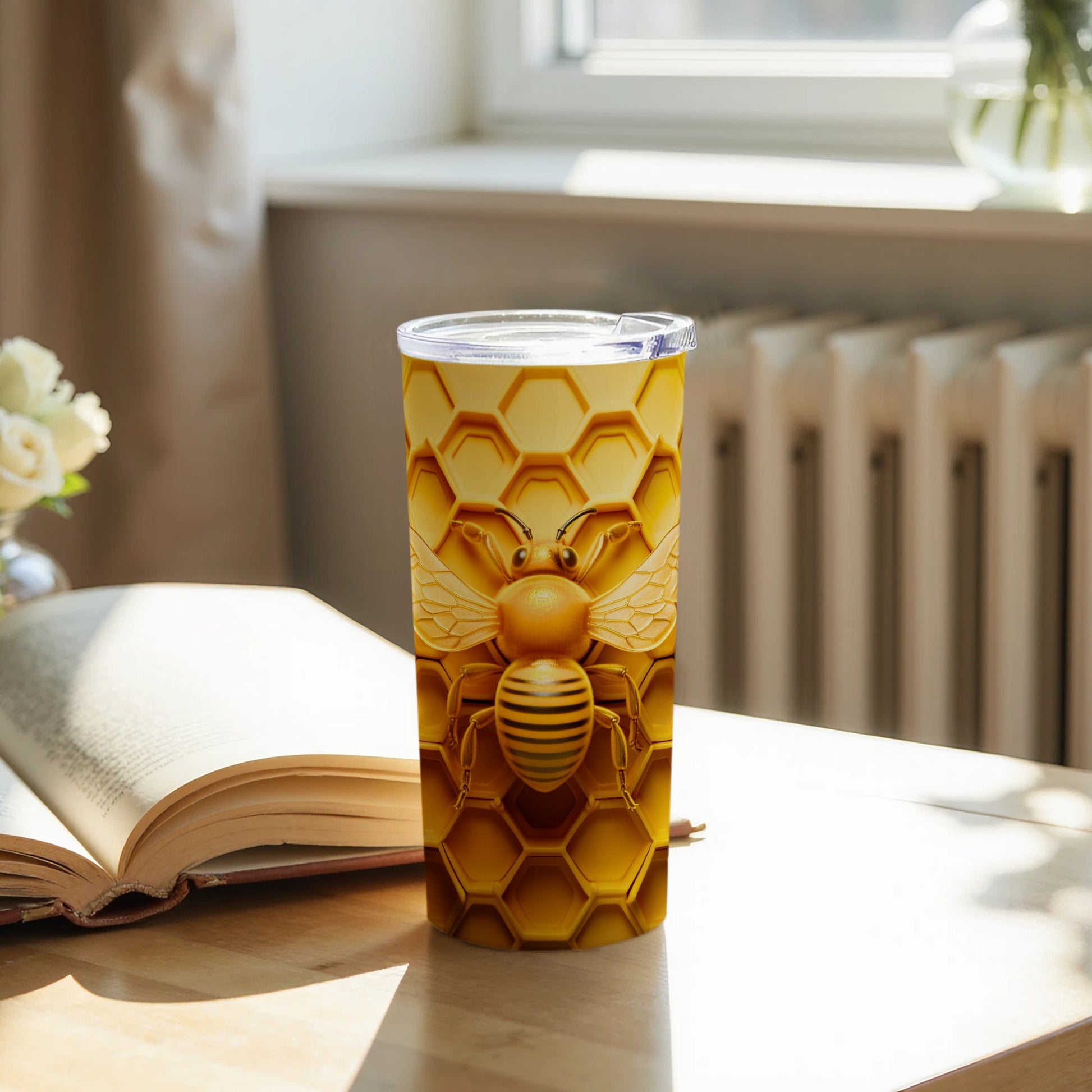 Golden Honeycomb Bee Design Travel Beverage Holder product type
Bee, Honeycomb, Tumbler, Travel Mug, Yellow, Gold, Hexagon, Drinkware, Beverage, Nature, Insect, Wildlife, Honeybee, Golden Bee, Bee Pattern, Summer, Gift, Unique, Cute Bee, Modern Design