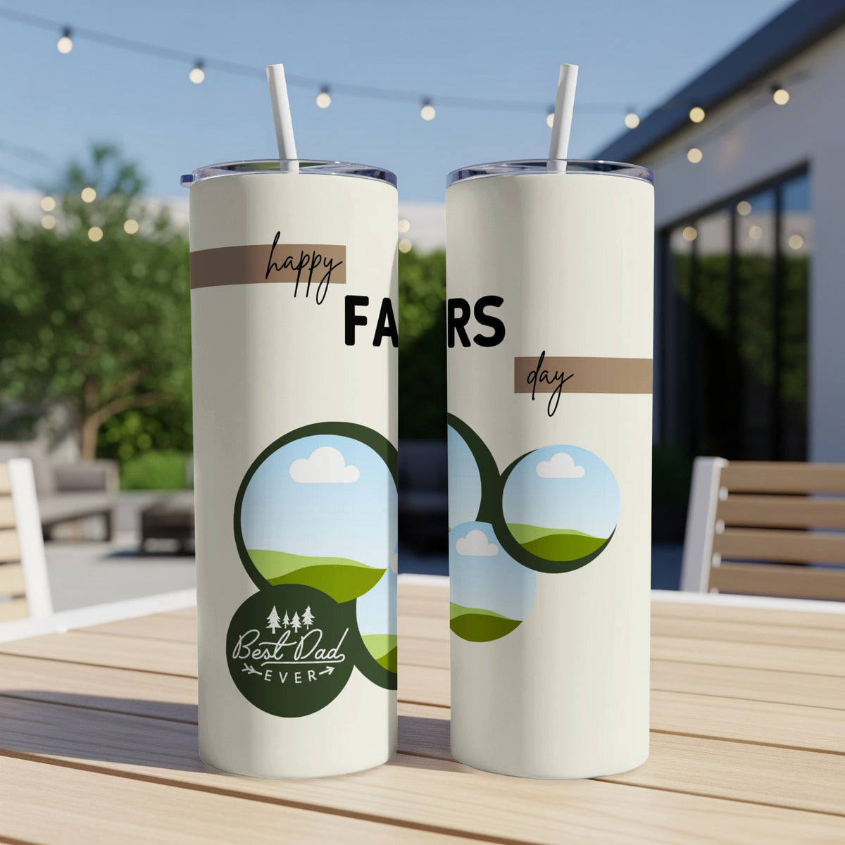 Two tumblers with "Happy Father's Day Best Dad EVER" text and landscape circles.