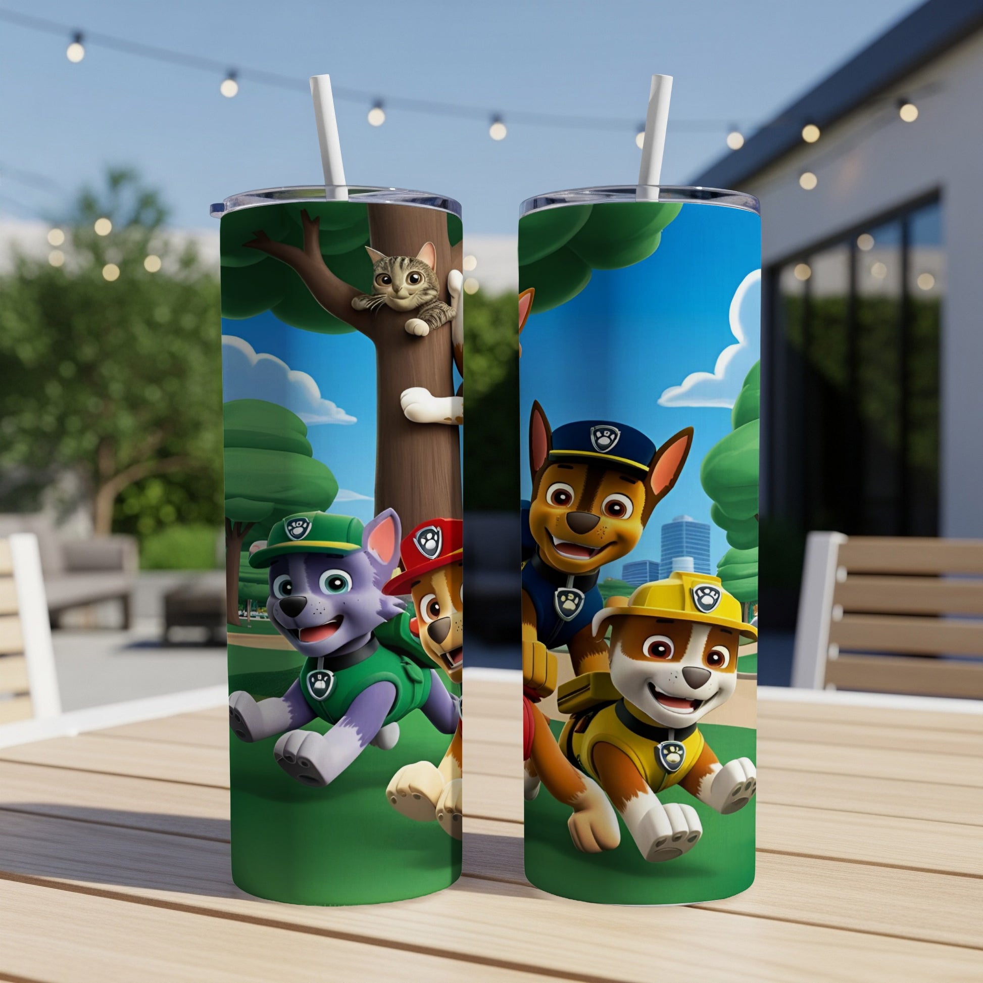Two Paw Patrol character tumblers with cartoon dogs on a table outdoors.