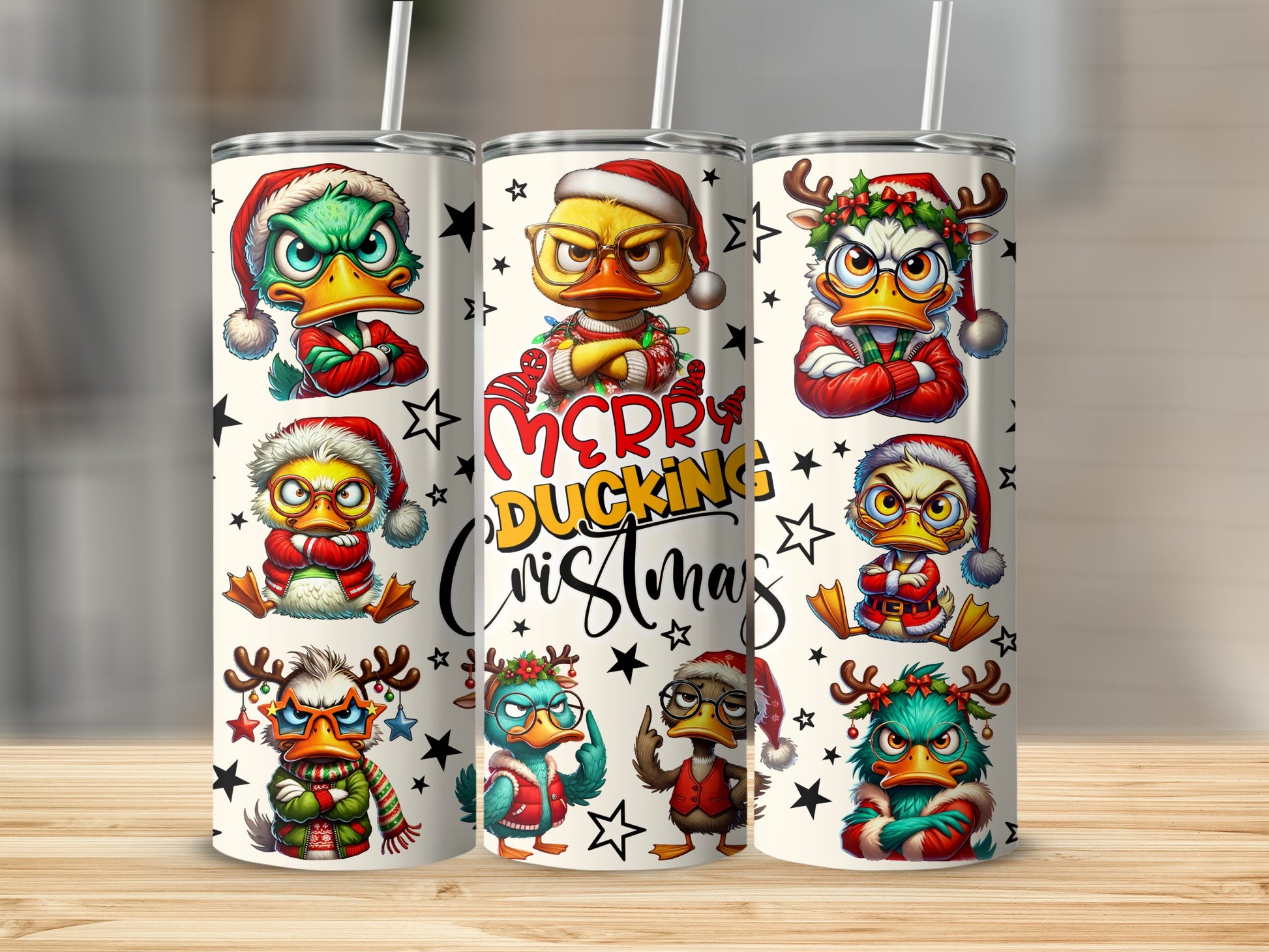 Christmas tumblers with cartoon ducks in festive hats and outfits.