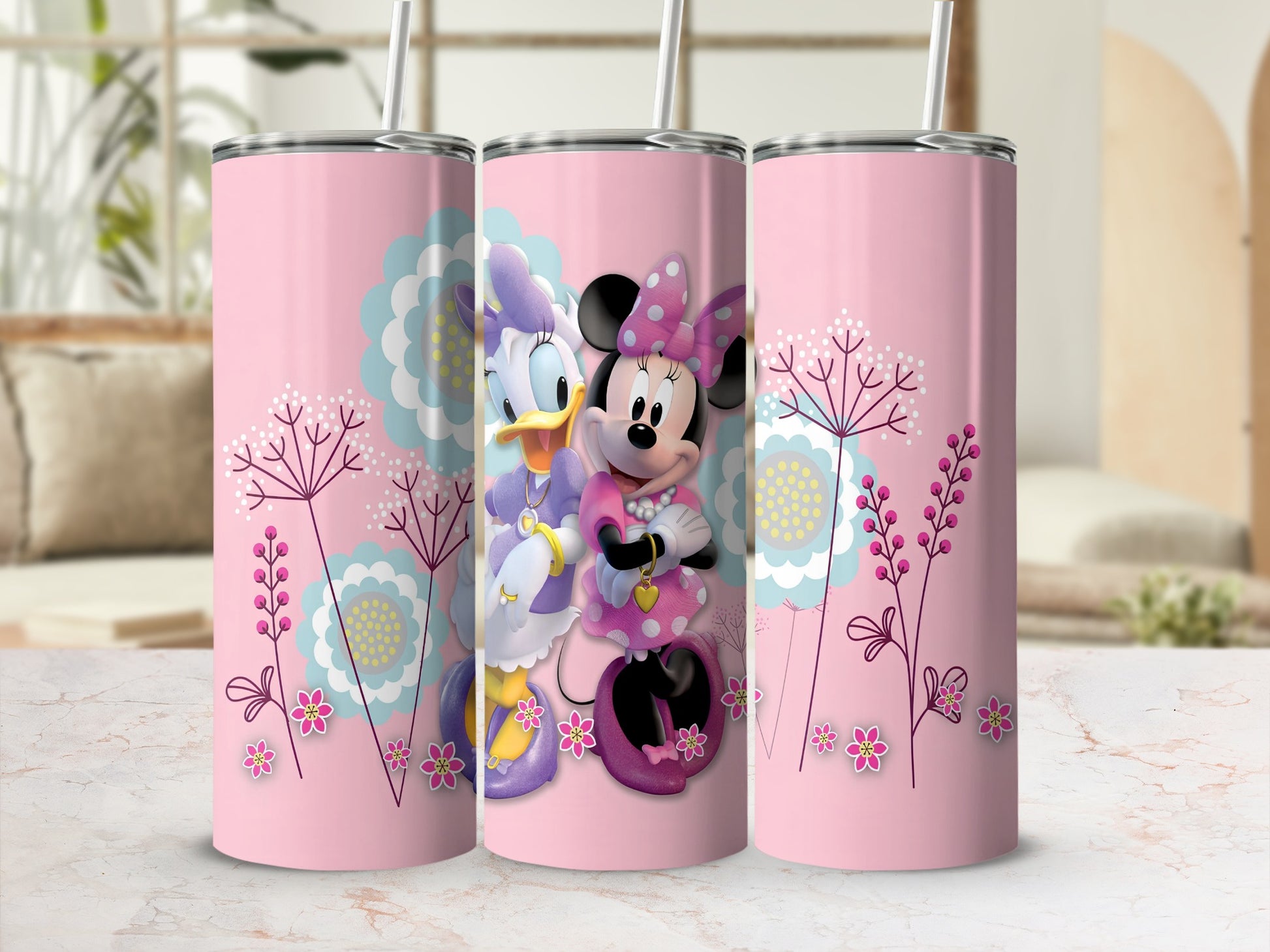 Cute Cartoon Characters Pink Floral Design Tumbler
