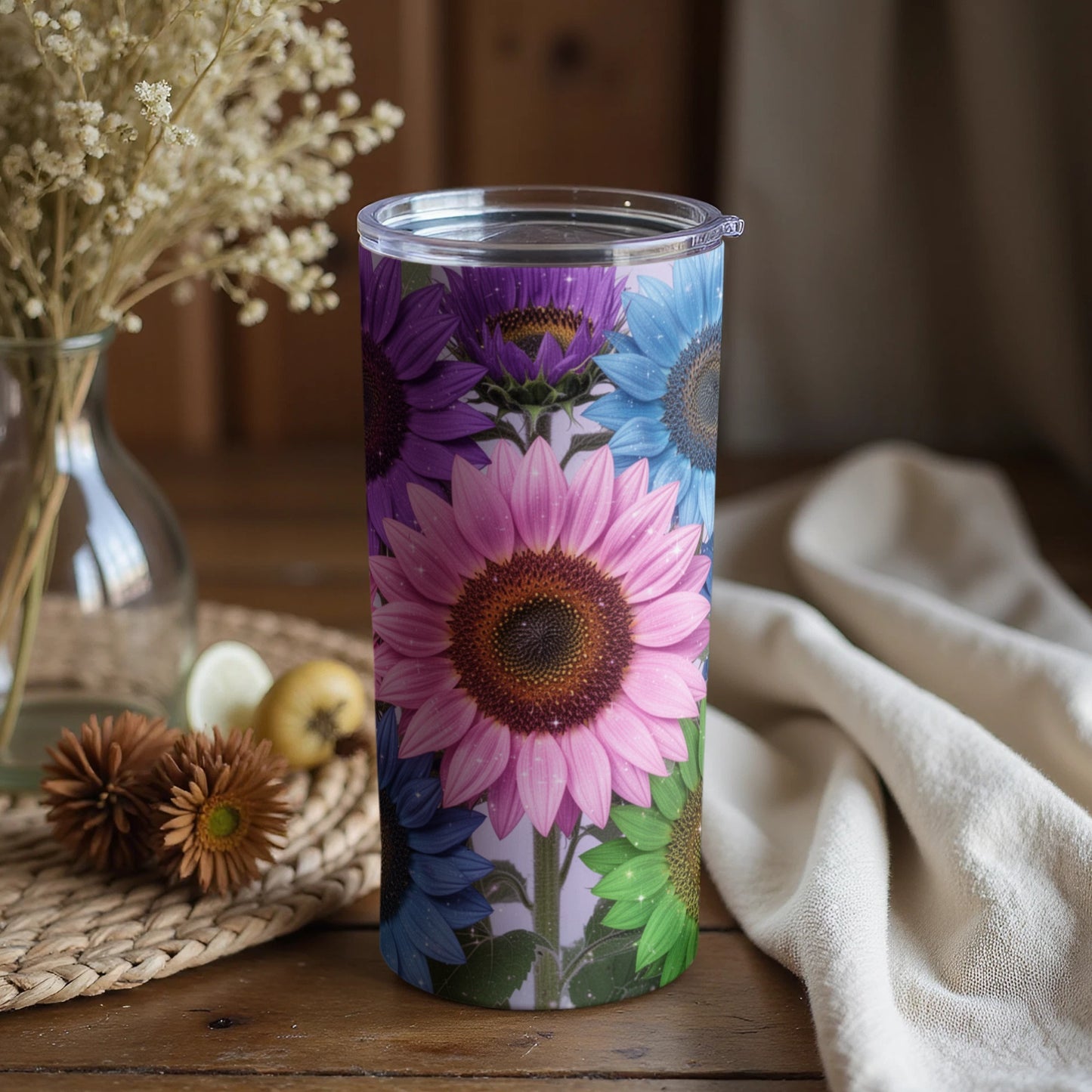 Colorful Sunflower Print Insulated Tumbler Cup with Lid