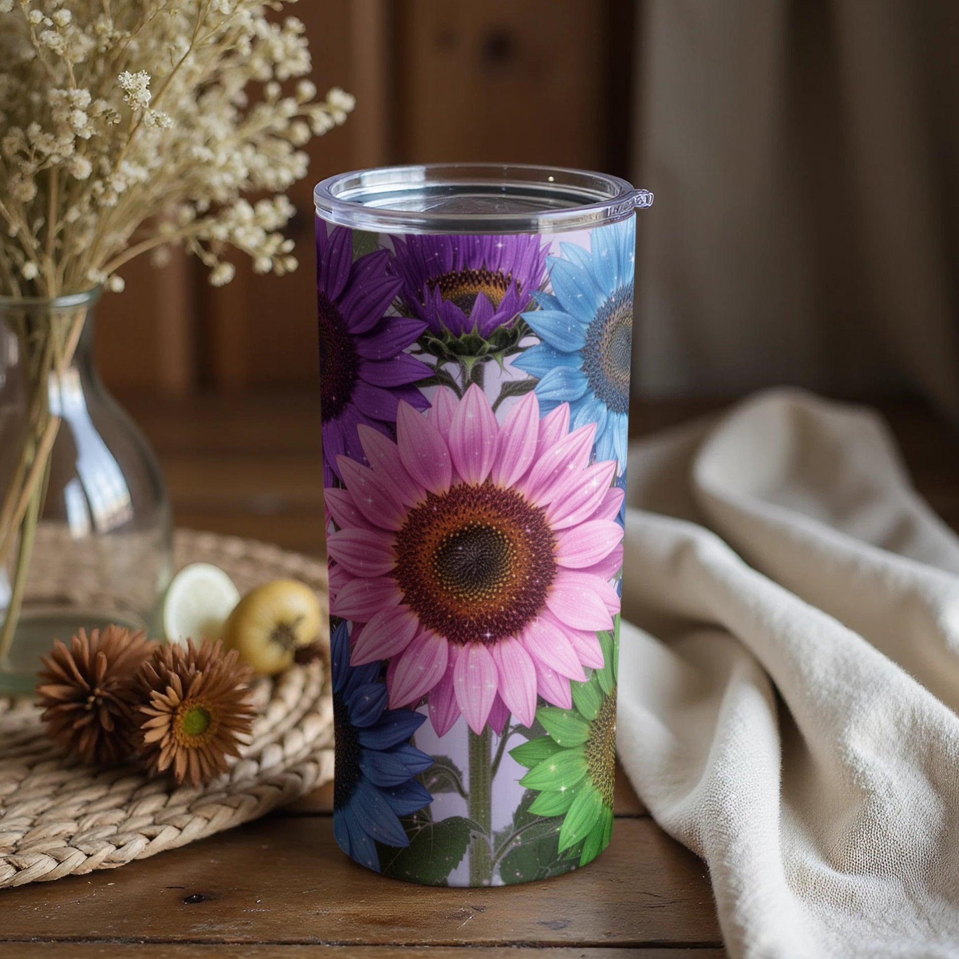 Colorful Sunflower Print Insulated Tumbler Cup with Lid