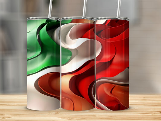 Three tumblers with abstract, flowing green, white, and red designs.