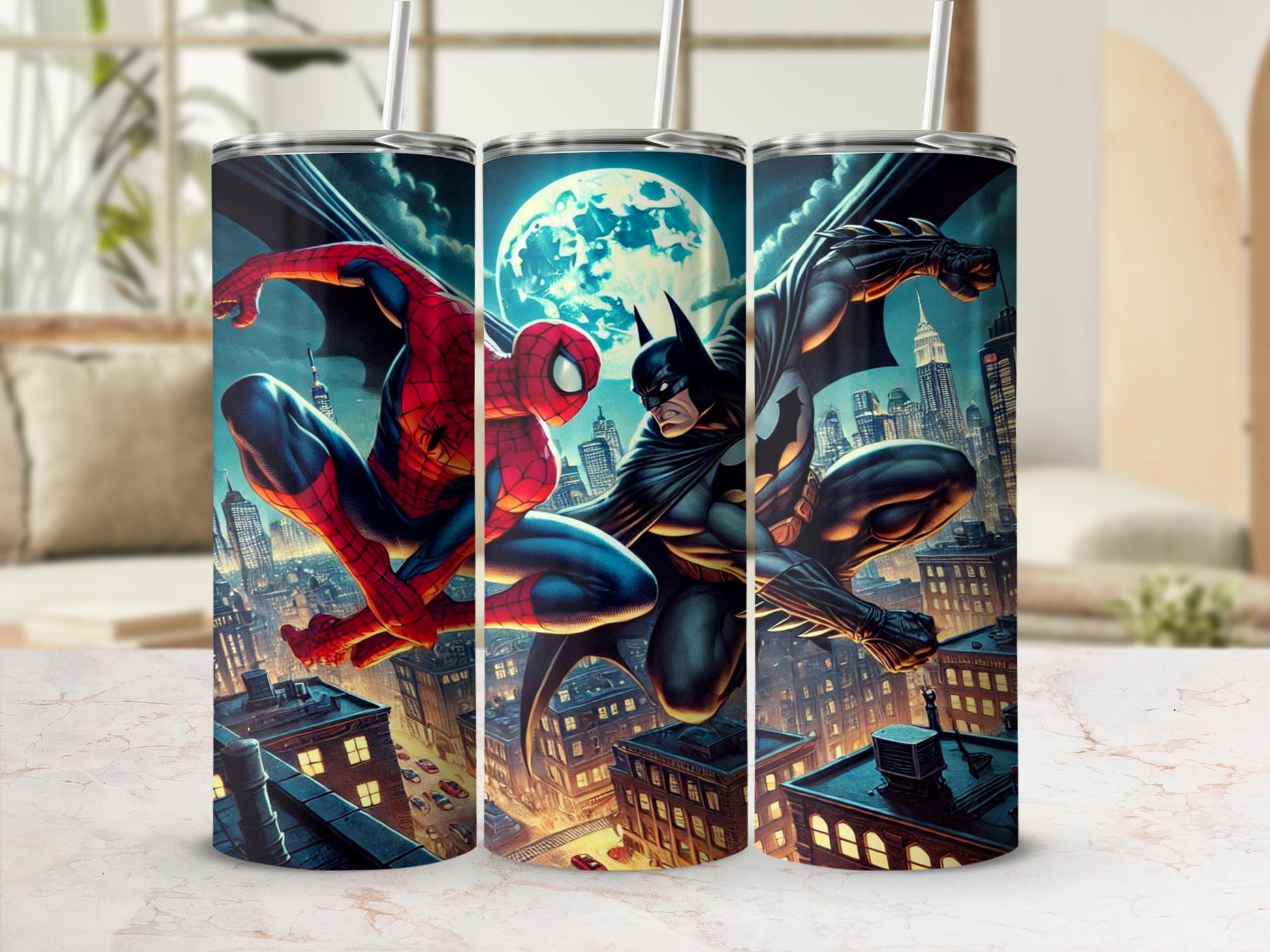 Superhero Battle Scene Tumbler Cup with Straw
