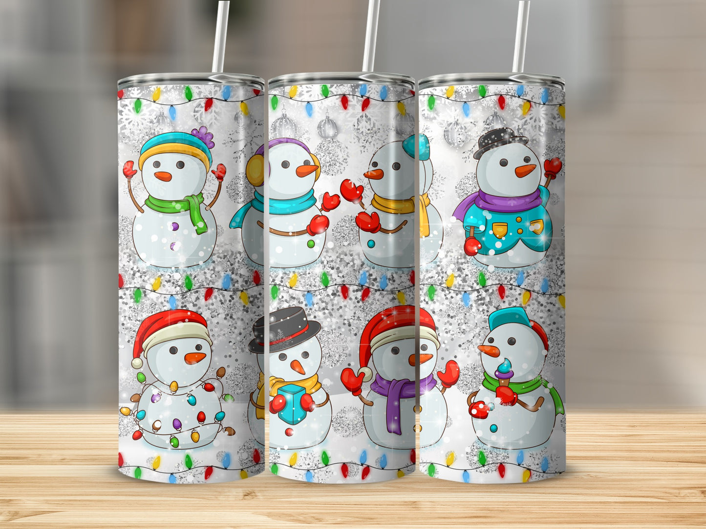 Collection of eight festive snowmen with colorful scarves and hats.