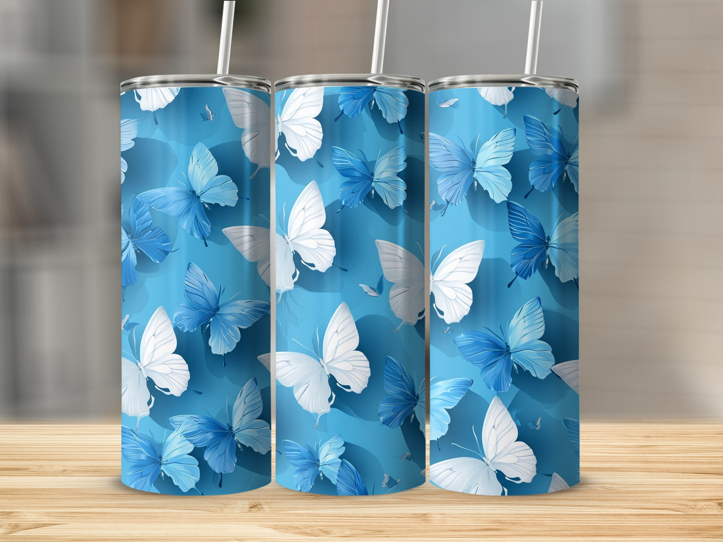 White blue butterflies vibrant blue background tumbler product type
