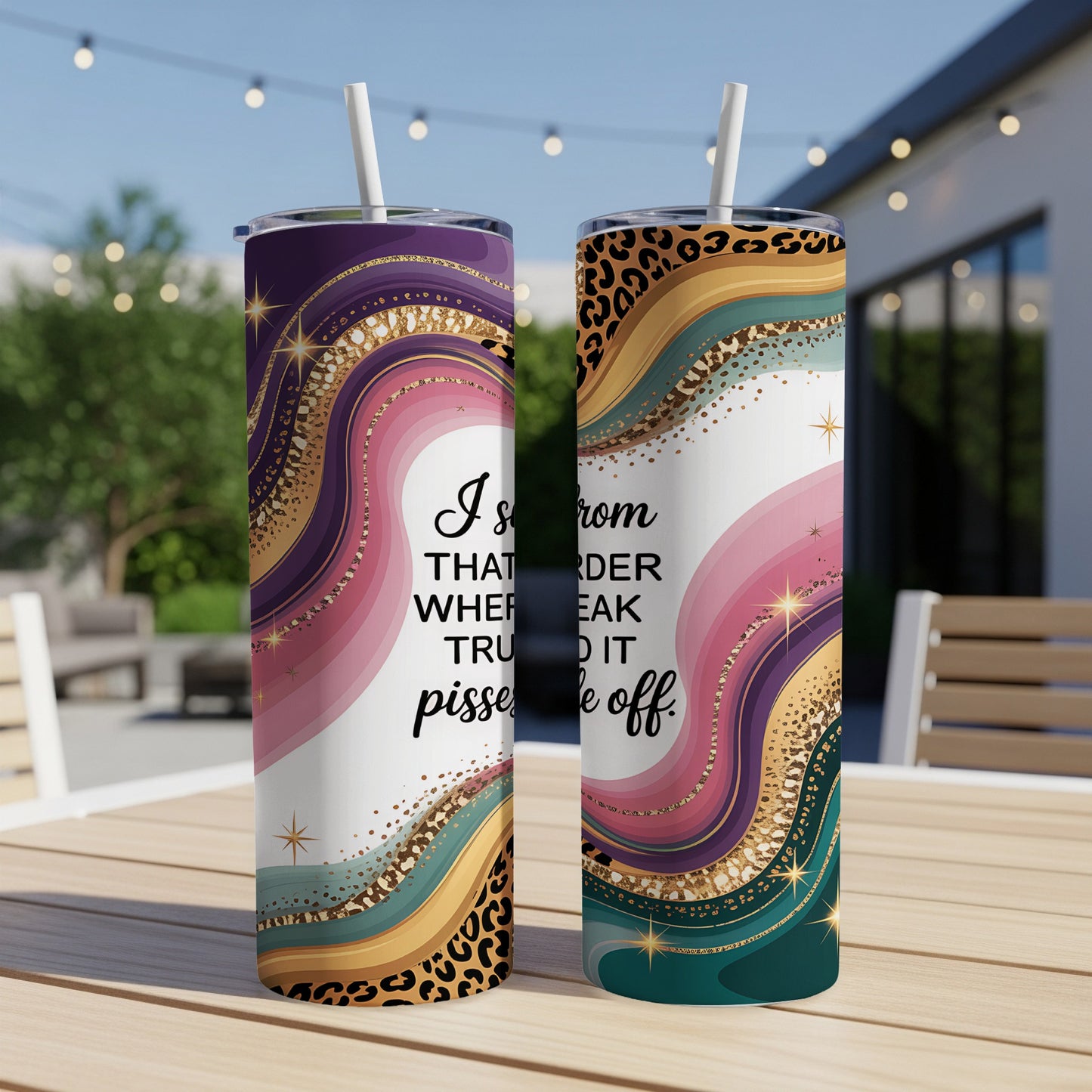 Two tumblers with wavy abstract design and leopard print accents, featuring text.