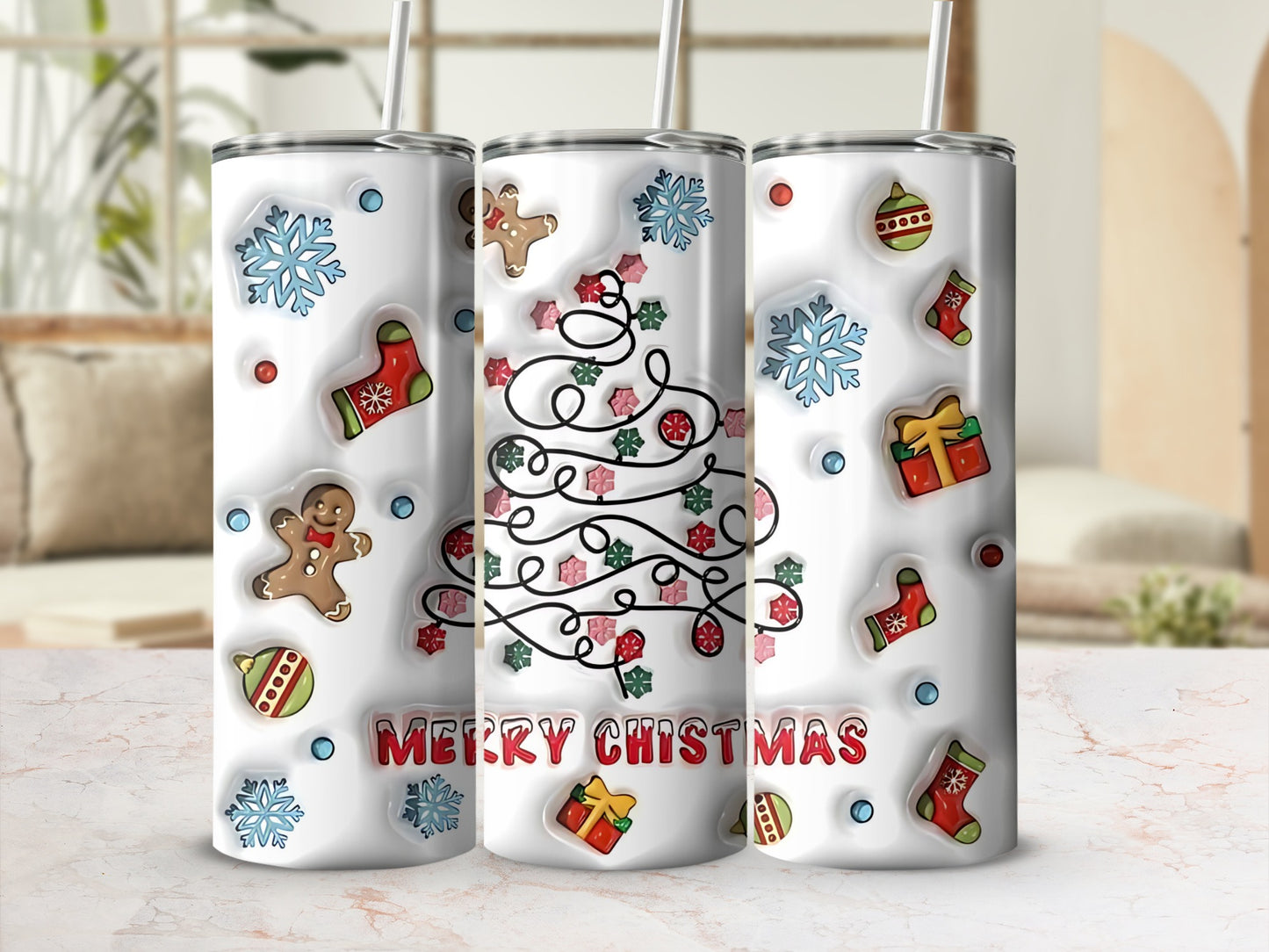 Christmas Themed Tumbler with Holiday Decorations