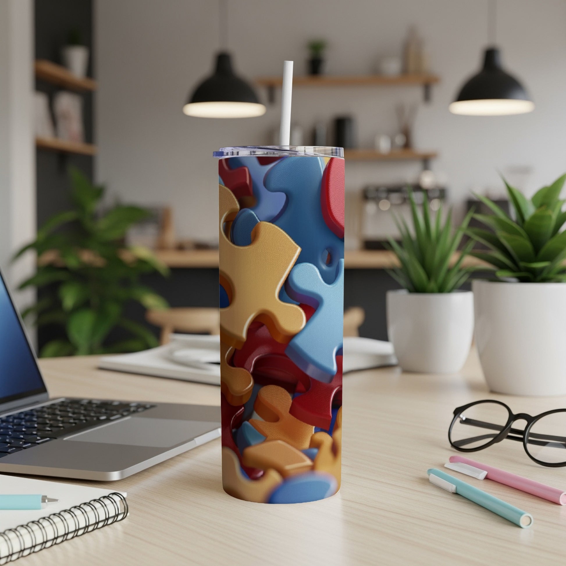 Colorful puzzle pieces spilling out of a tall, insulated tumbler.