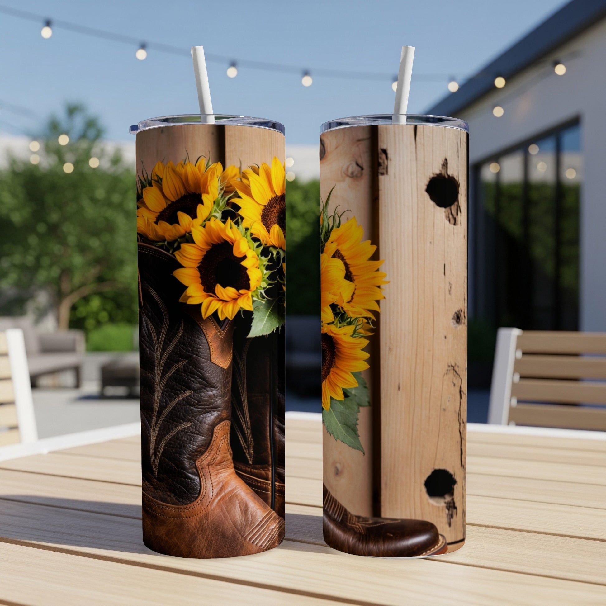 Two tumblers featuring a cowboy boot and sunflowers against a wooden background.