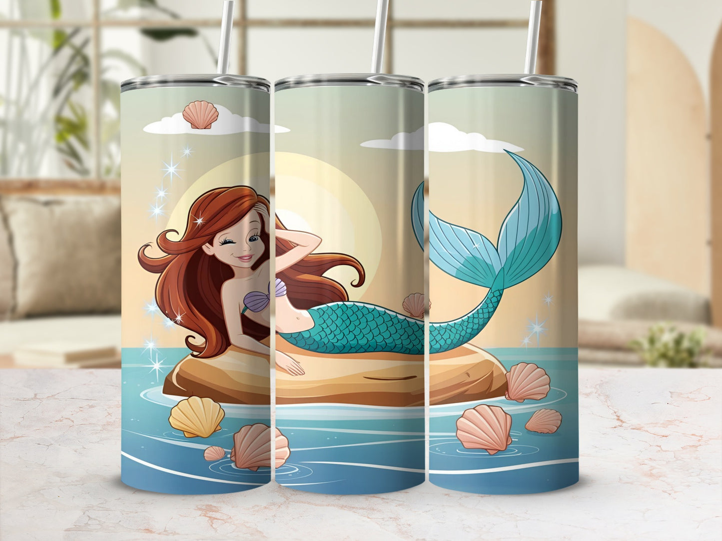 Mermaid resting on a rock, surrounded by seashells and waves.