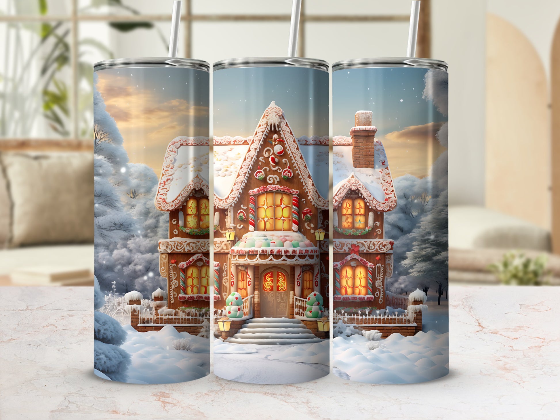 Three tumblers display a festive gingerbread house design in a snowy winter landscape.