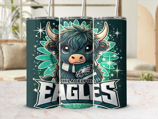 Philadelphia Eagles tumbler with a cartoon bull wearing a scarf and team logo.