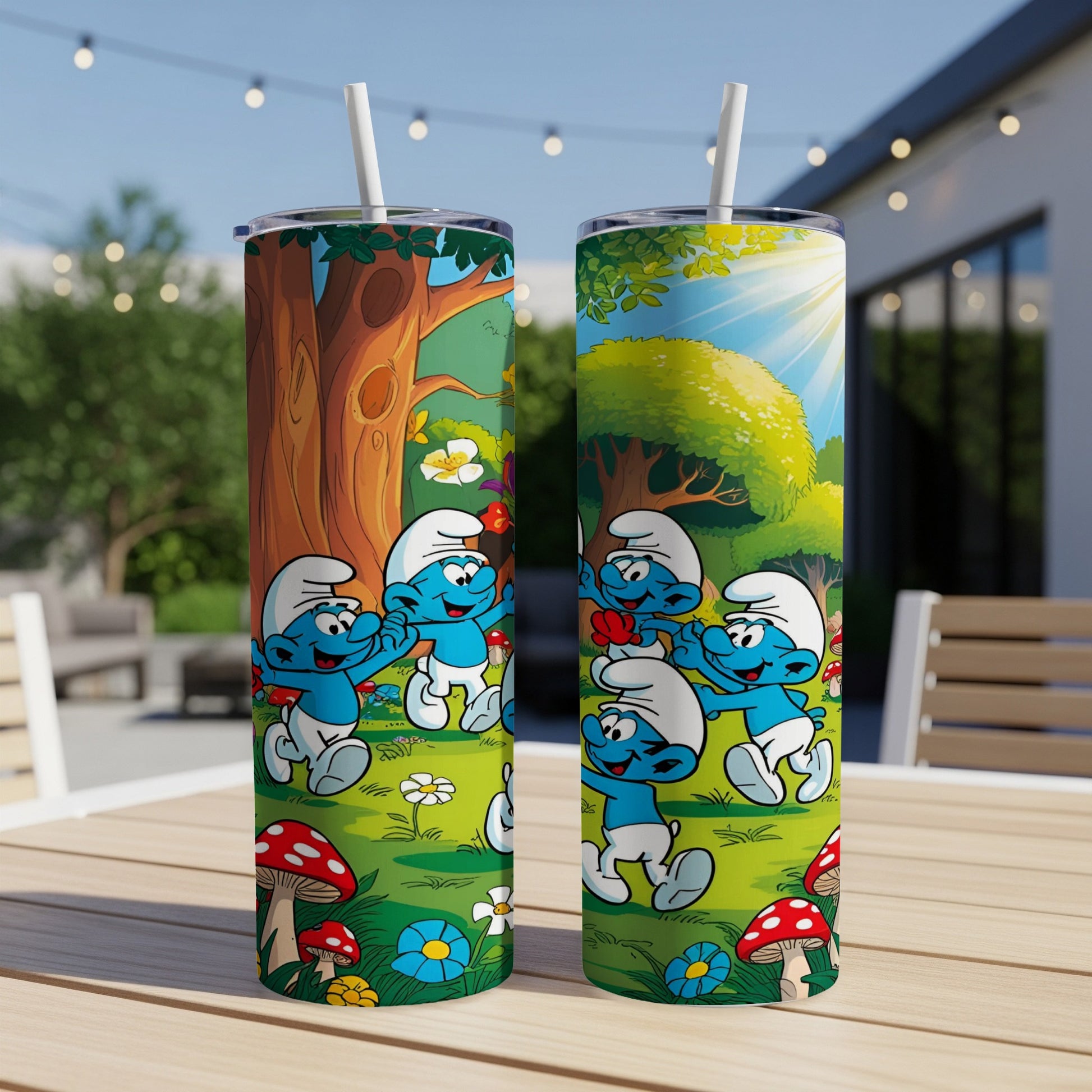 Two Smurfs tumblers featuring cheerful Smurfs dancing in a forest.