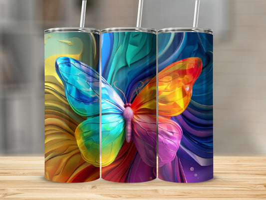 Colorful butterfly design on three tumblers.