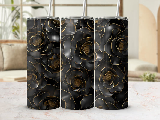 Black roses with gold trim on a tumbler with a straw.