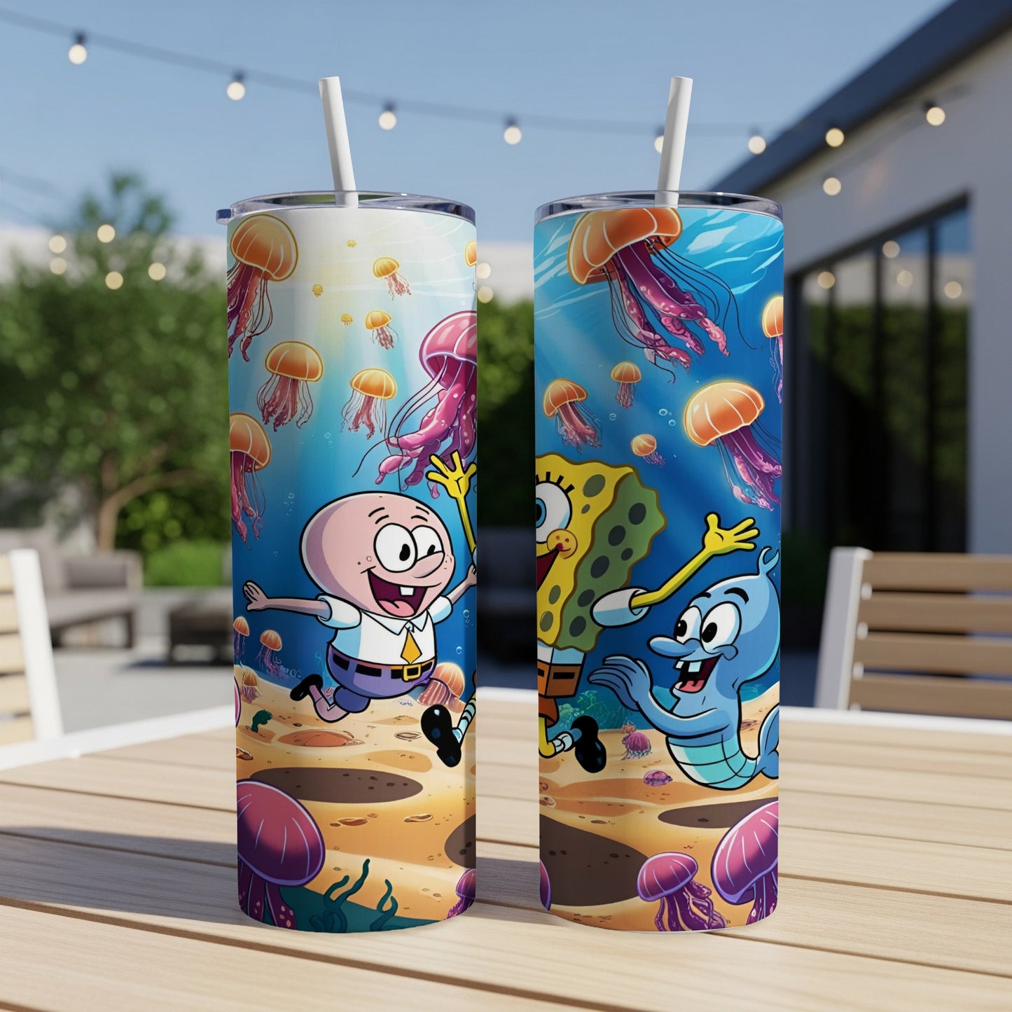 SpongeBob and Patrick chasing jellyfish underwater with cartoon characters.