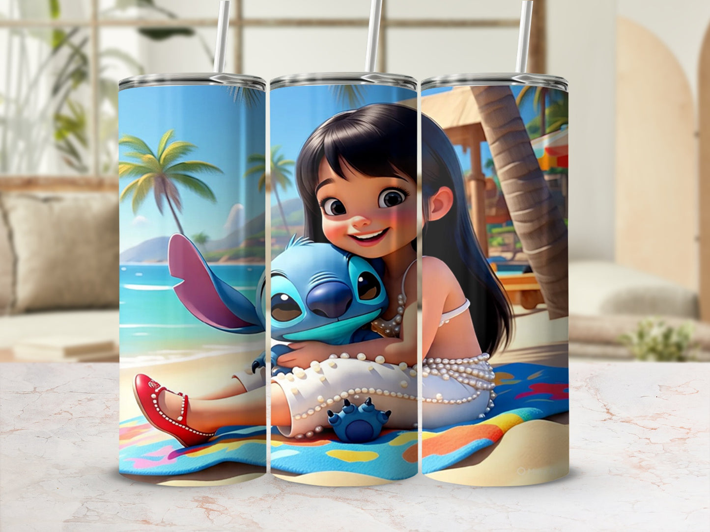 Cute Girl and Alien Character Beach Scene Tumbler