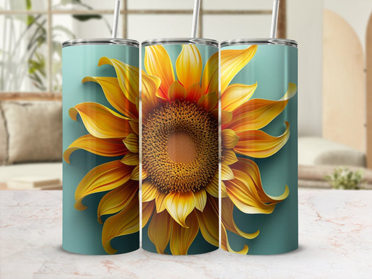 Three teal tumblers with a realistic sunflower design.