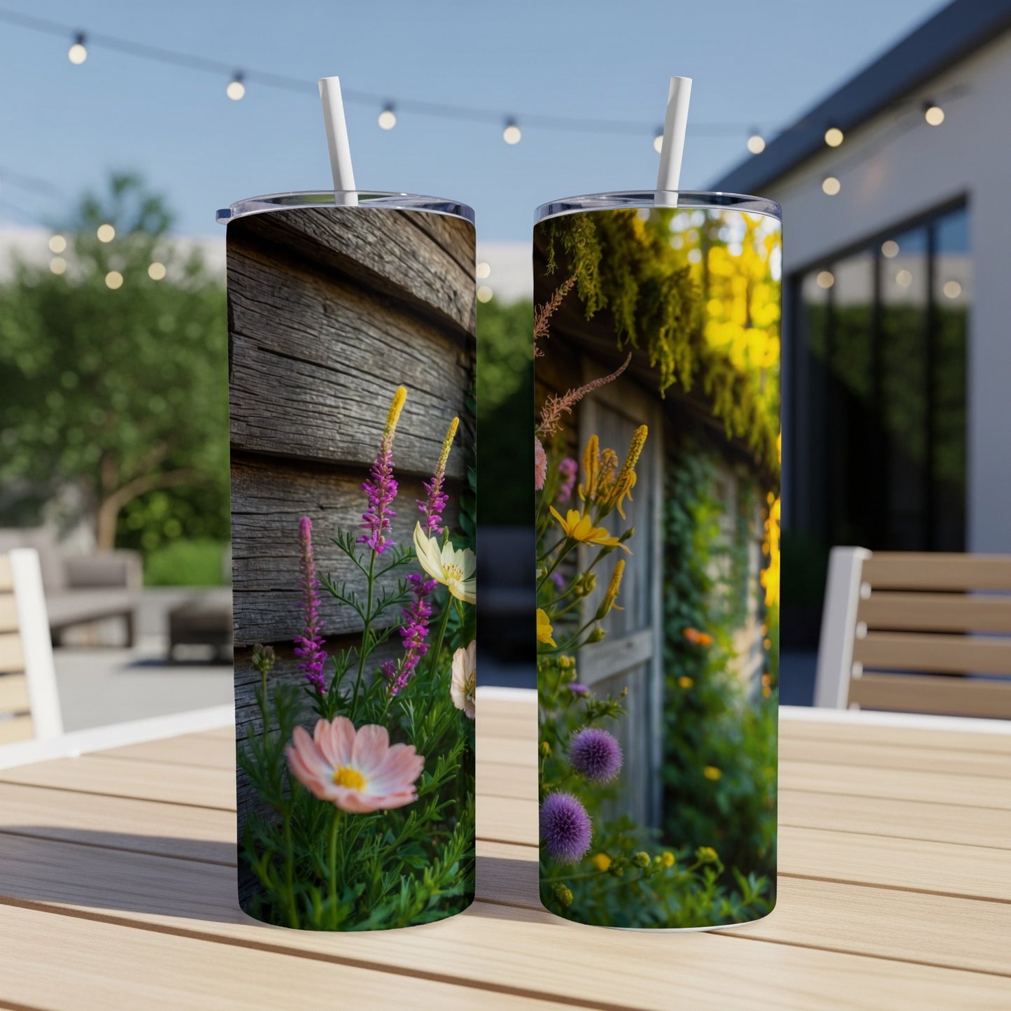 Two tumblers with floral designs displayed on a wooden table outdoors.