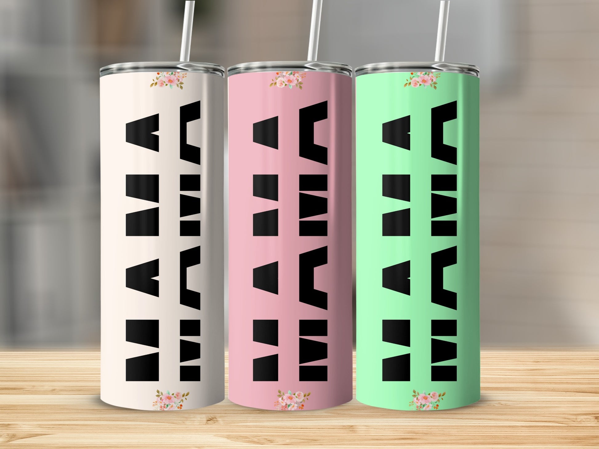 MAMA Text Multicolor Floral Design Skinny Tumbler