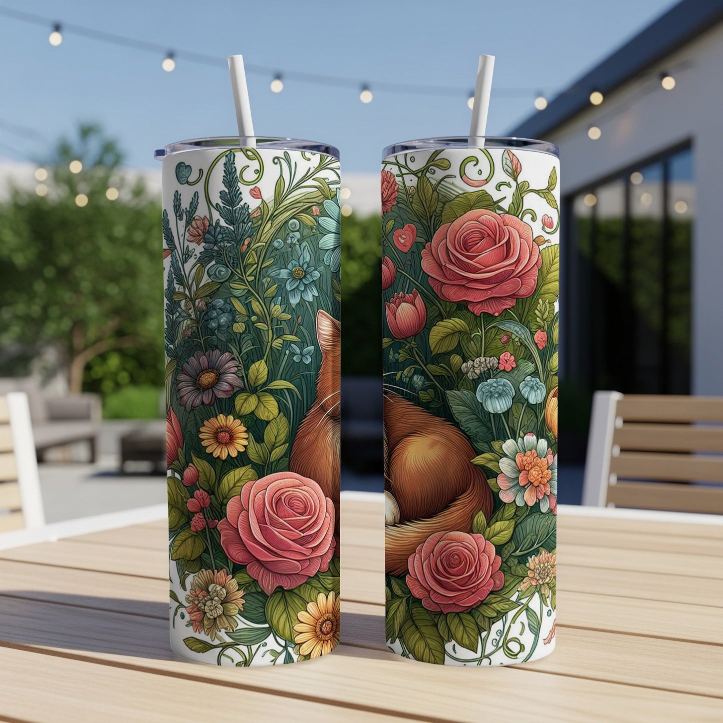 Two tumblers with fox and floral designs sitting on a table outdoors.