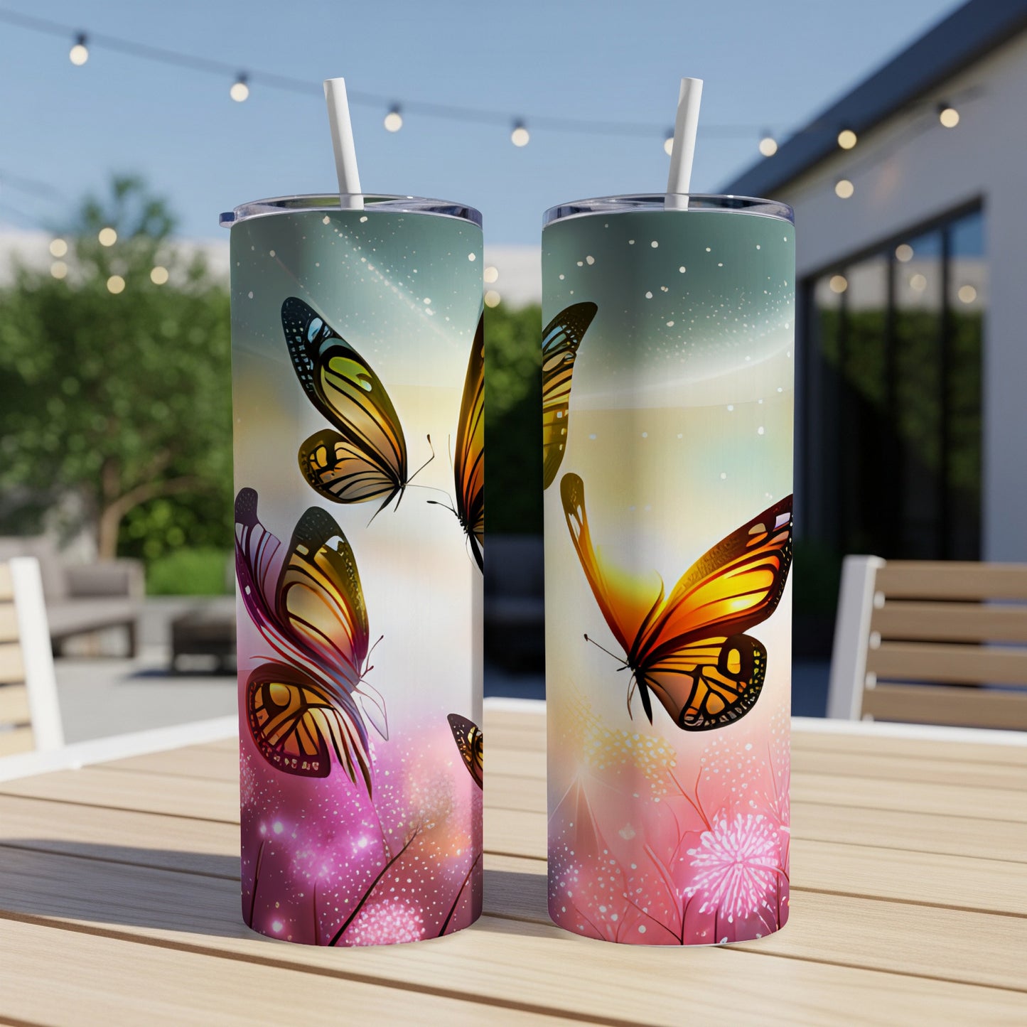 Two tumblers with colorful butterflies and glowing floral details.