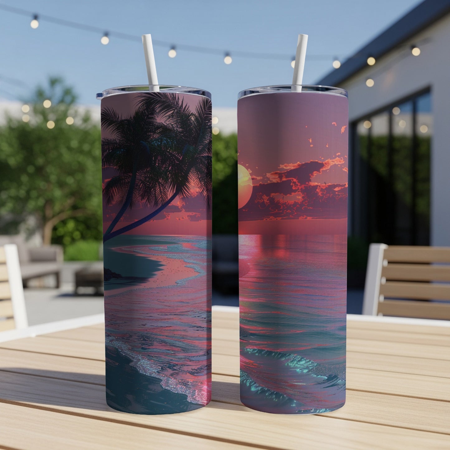 Two tumblers featuring a sunset beach scene with palm trees and ocean waves.