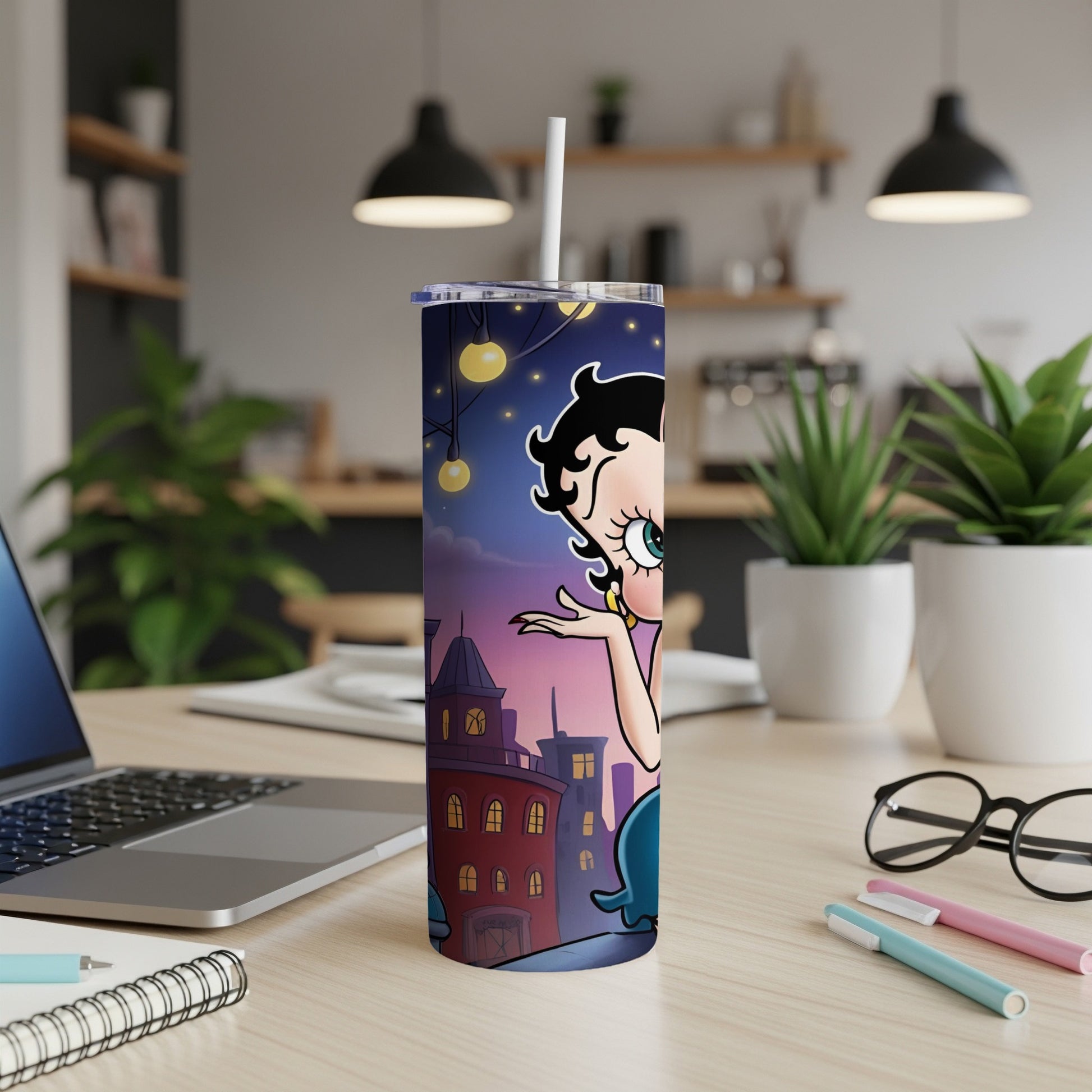 Betty Boop cartoon character blowing a kiss in front of a cityscape.