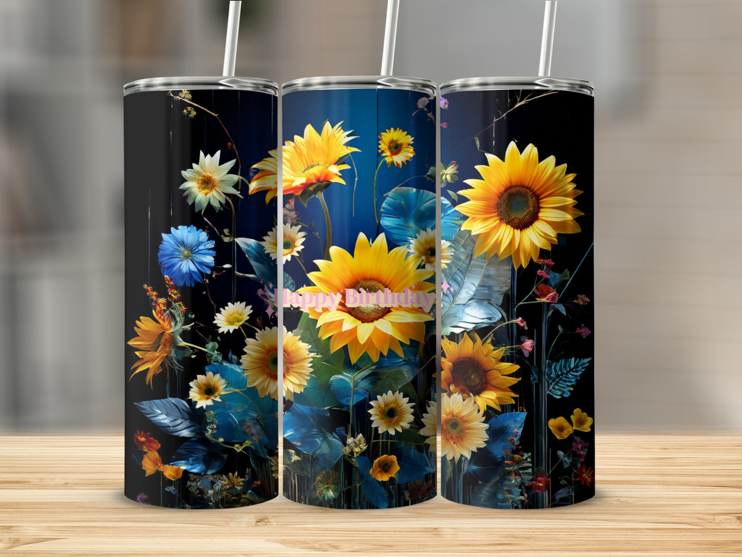 Tall tumblers with sunflowers and floral designs, one says "Happy Birthday".