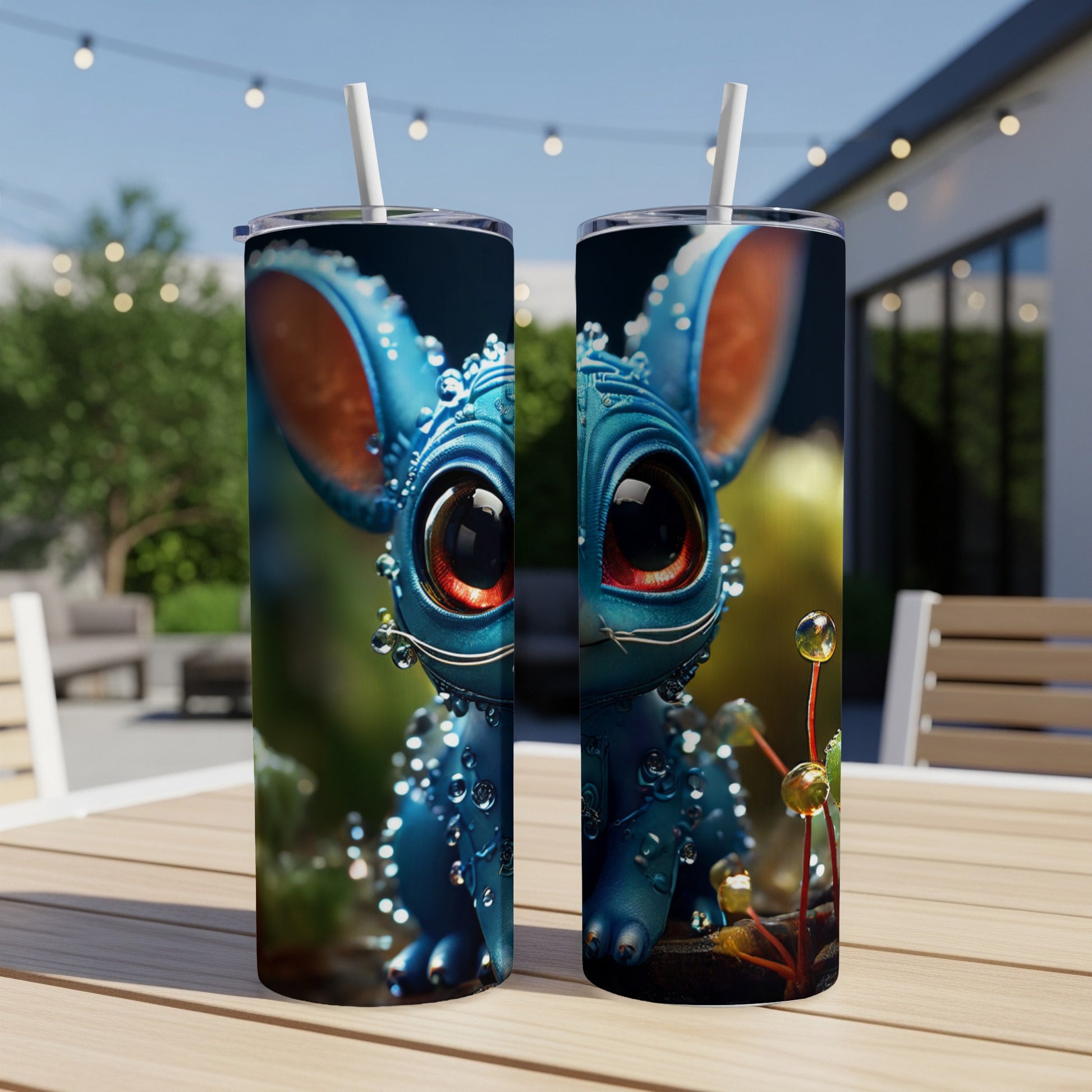 Blue cartoon creature with large eyes and water droplets on a tumbler.